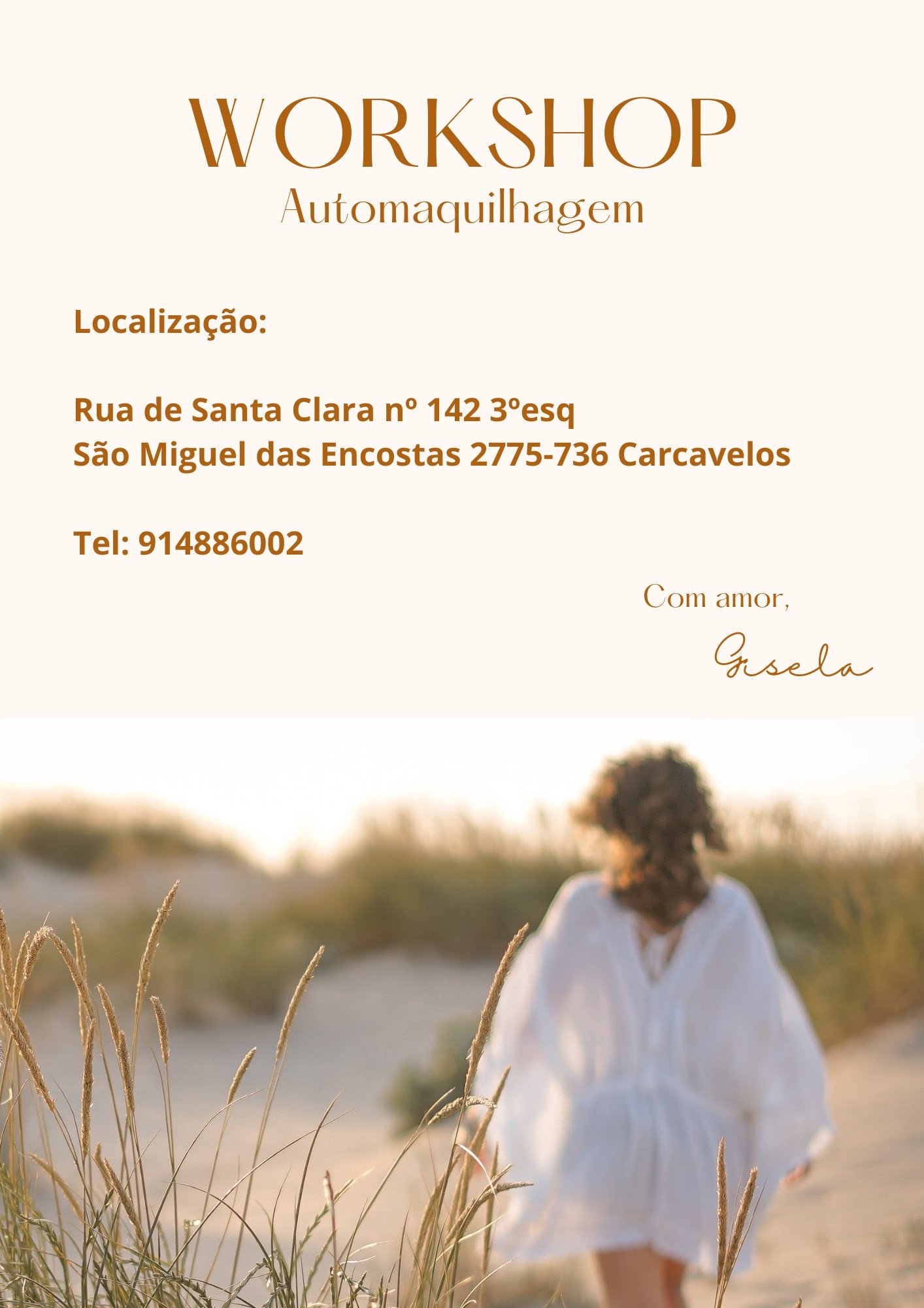 Flyer for a tattoo workshop featuring a blurred image of a woman in a white dress walking through a grassy field at sunset.
