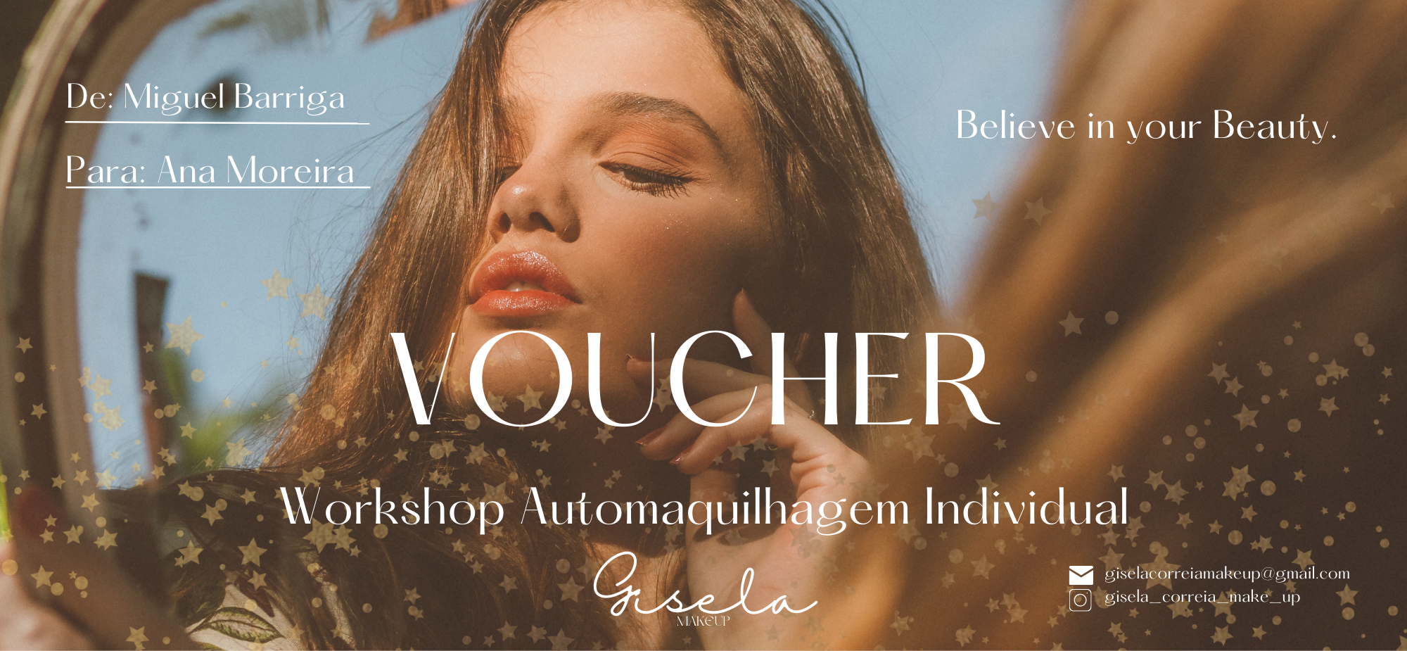 Voucher for a workshop on individual makeup removal with a photo of a woman with long brown hair looking into a mirror with star-shaped light reflections.