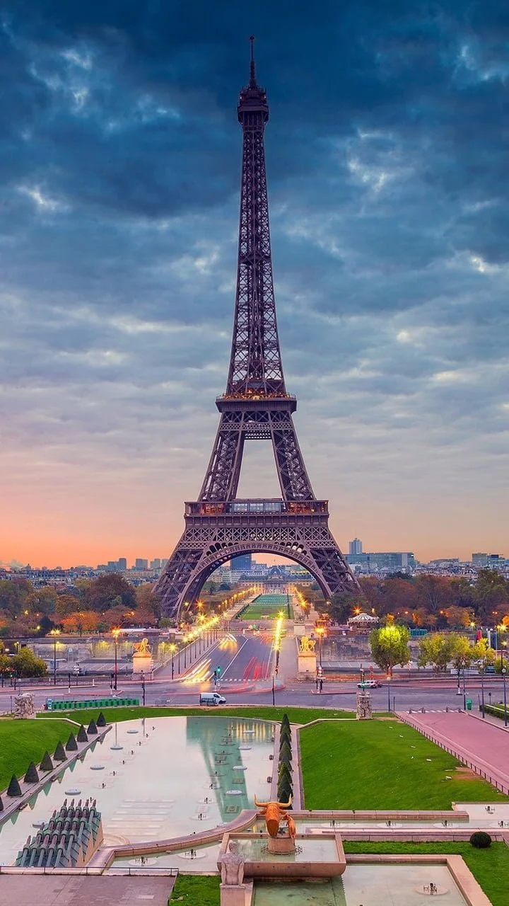 A view of the Eiffel Tower in Paris, France, during dawn with clouds in the sky, street lights, and some greenery in the foreground.