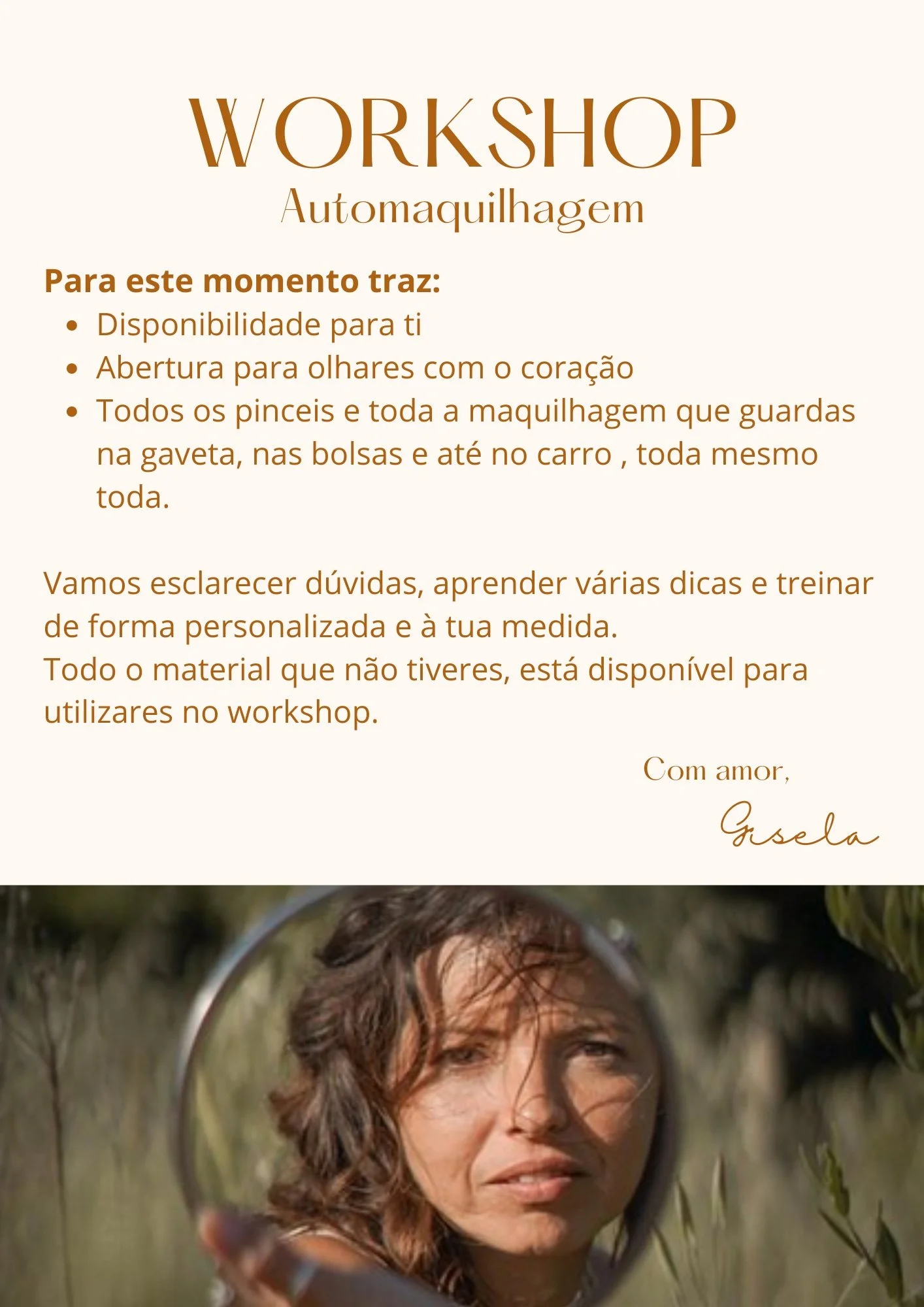 A workshop announcement in Portuguese about makeup removal, featuring a woman looking into a mirror outdoors.