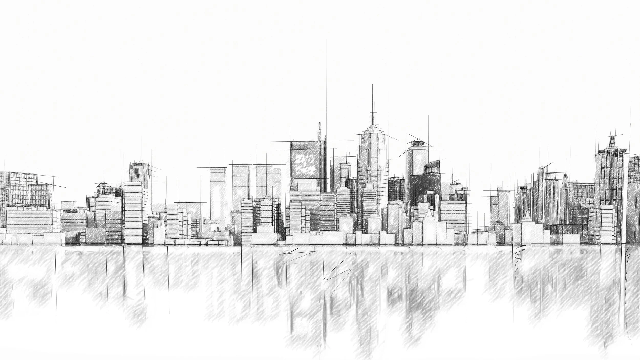 Sketched city skyline with various tall buildings and their reflections on water.