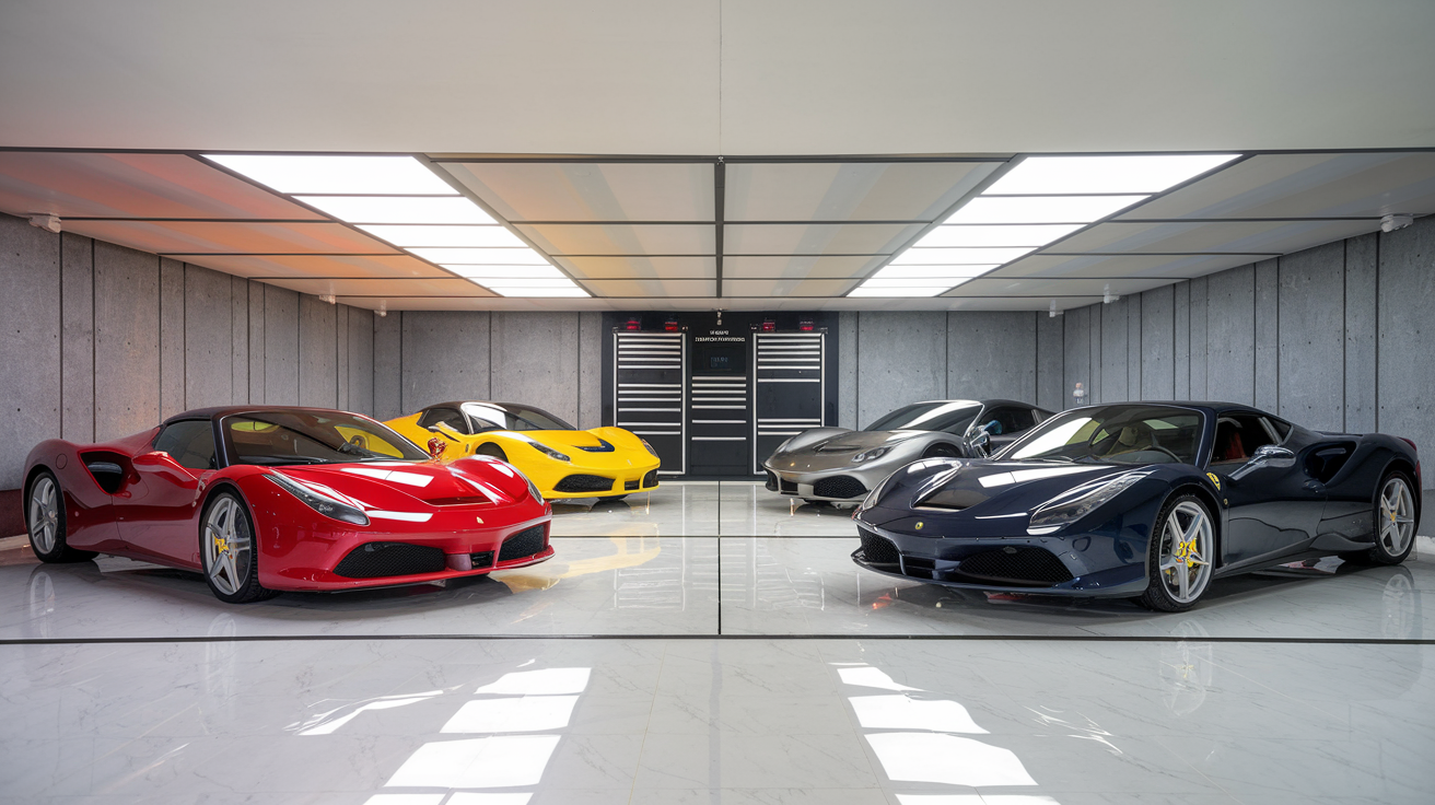 Five sports cars in a garage, including red, yellow, gray, and dark blue Ferrari models.