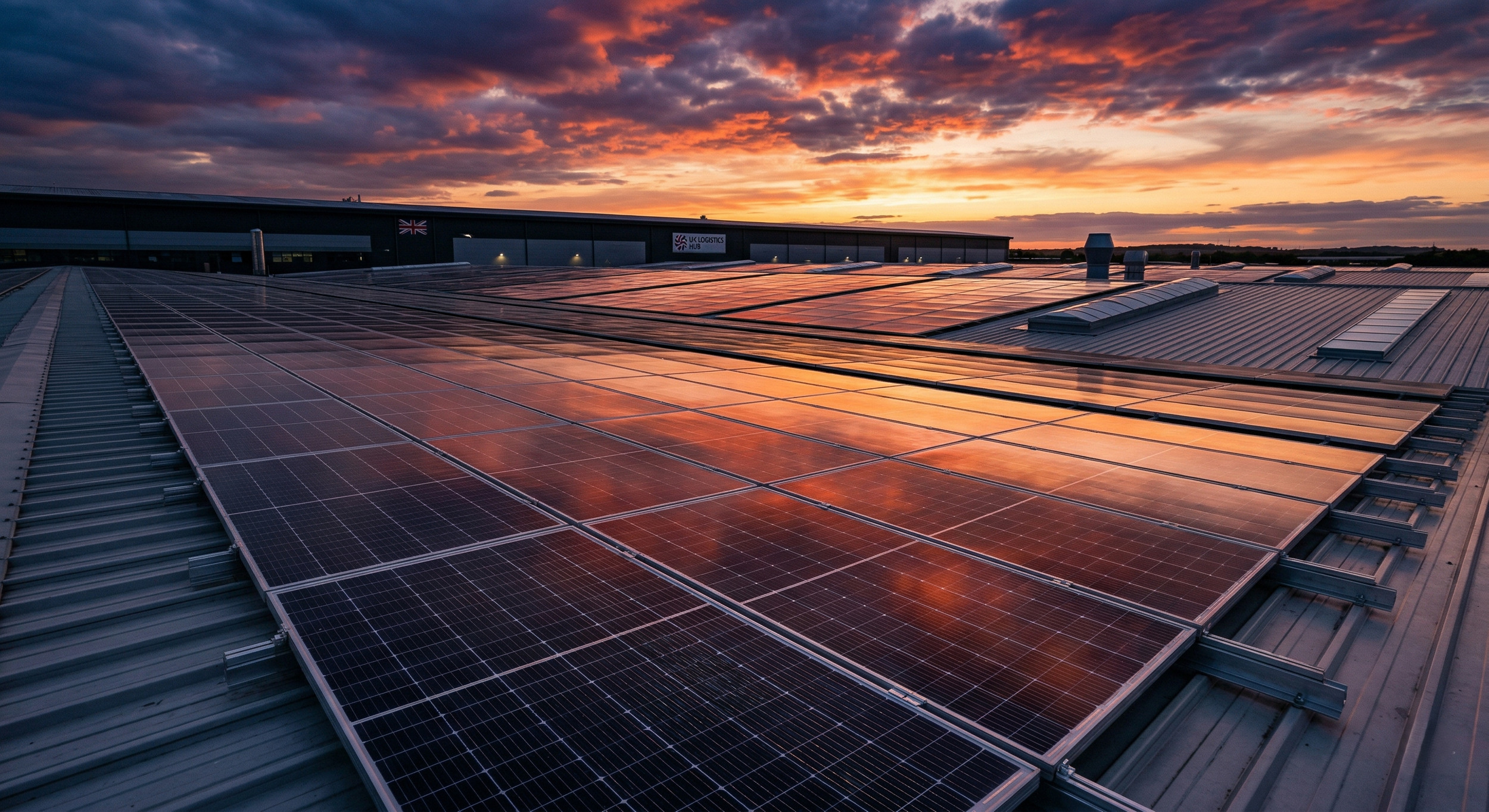 Technical CGI showing ESG features including solar PV arrays and EV charging infrastructure for a Net Zero Carbon logistics development.