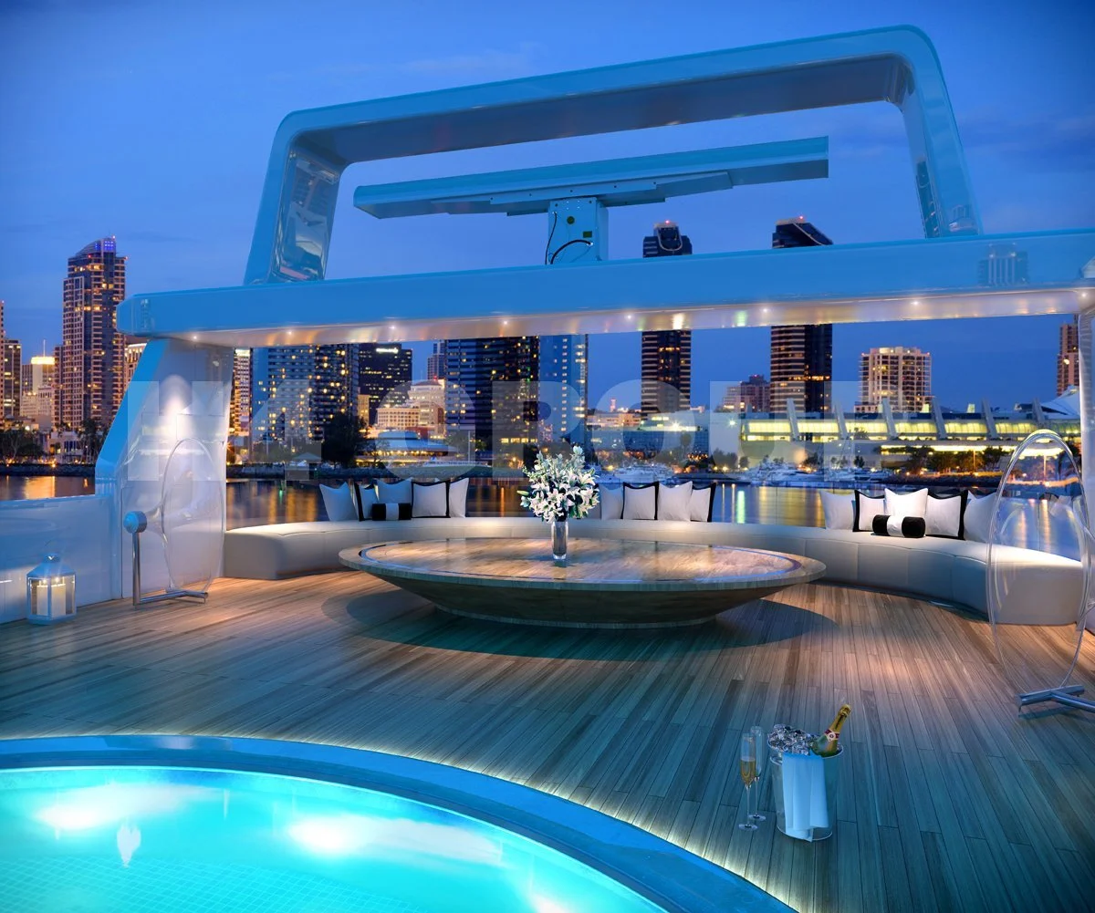 Luxury yacht deck at dusk with city skyline in background, featuring a round table with floral centerpiece, a curved seating area with pillows, a small pool in the foreground, and champagne bottles with glasses on the floor.
