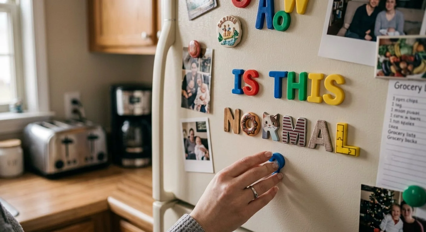 Close-up of a person's hand placing a blue magnetic letter on a kitchen refrigerator. The fridge has colorful magnetic letters spelling 'IS THIS NONAL' and various photographs and notes attached.