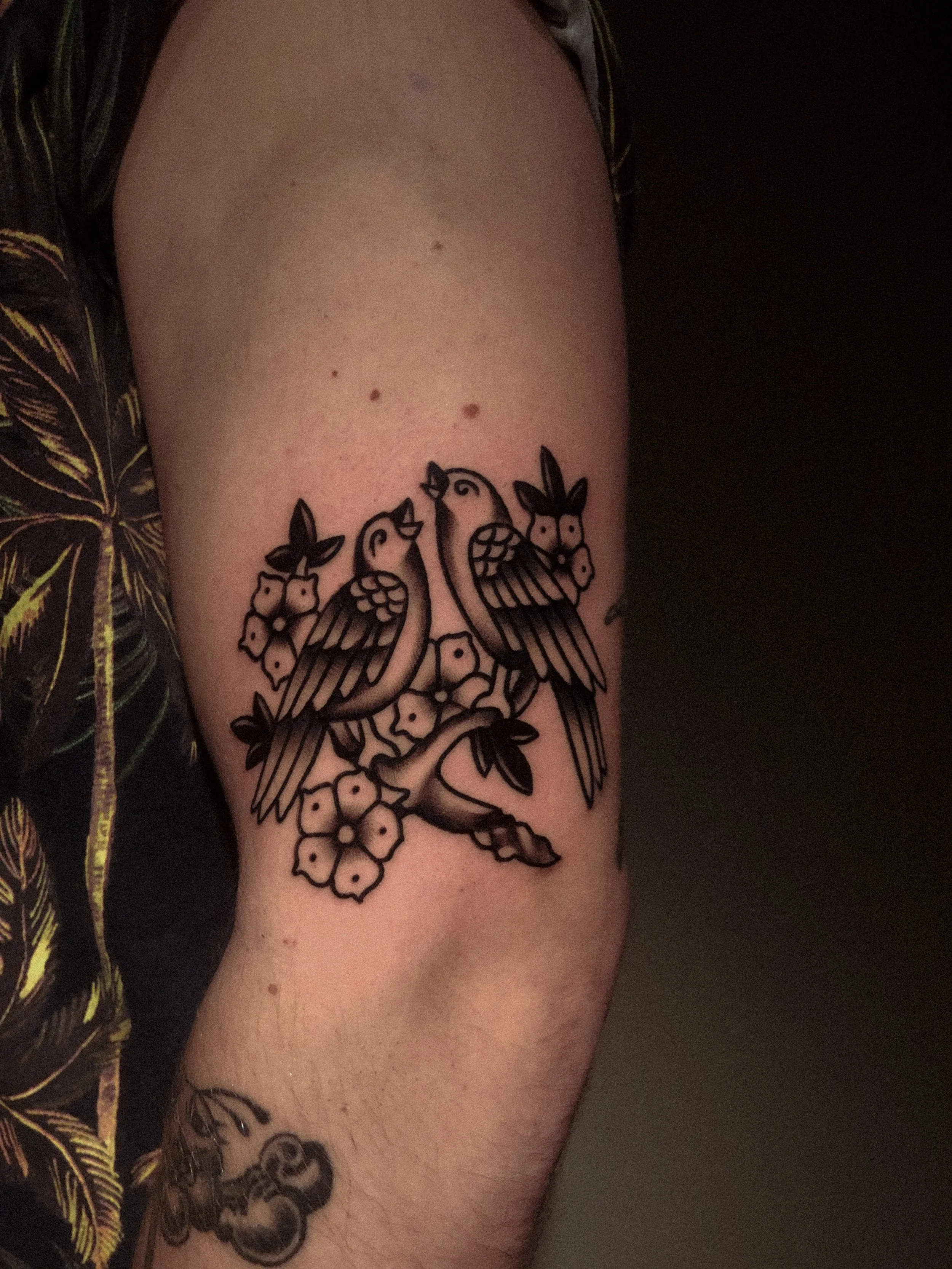 fåglar och blommor tatuering i traditionell old school stil