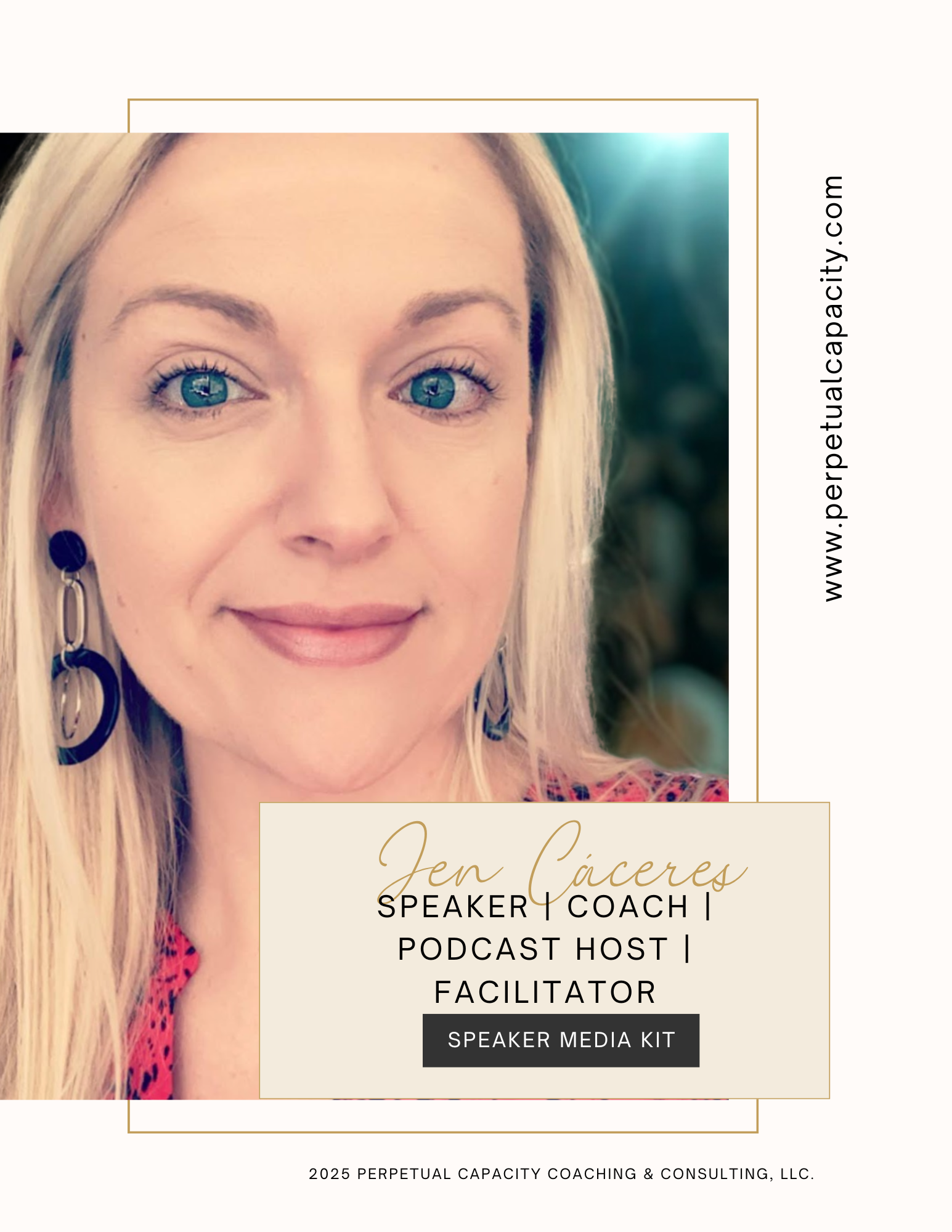 Speaker Sheet - Jen Cáceres, certified executive and life coach. 10+ years construction, non-profits, restaurant management. Helps leaders discover what they've outgrown so that they can grow again.