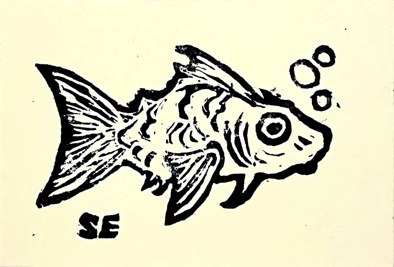 &ldquo;Fish !&rdquo;- Linoleum carved stamp 3&rdquo;x2&rdquo;