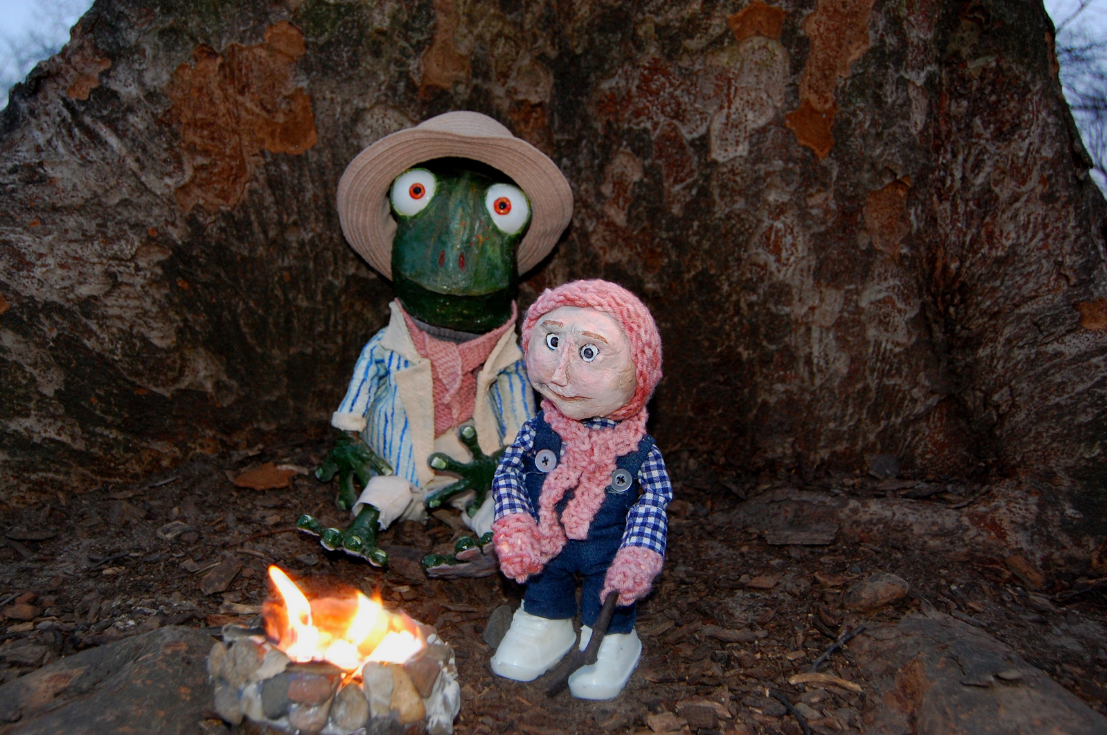 Froggy M. Knickerbocker and Henry Pilkington go on an Adventure - 2025 
1600x1063px (Froggy 16”and Henry 8”) - Digital photograph of mixed-media sculptures

Froggy M. Knickerbocker (2022), is a well dressed bipedal frog full of exuberance and idealis