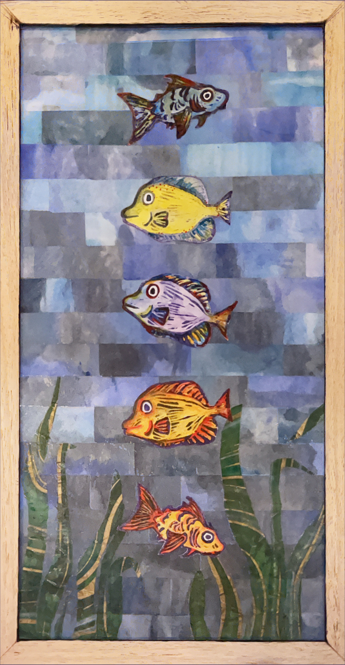 Fish - 2025 
30"x6"x1" - Mixed Media Collage 

"Fish" is a mixed media piece made with predominantly found objects and driven by the desire to create extraordinary out of ordinary. 

Initially inspired by a leak and some “ruined” address labels, this
