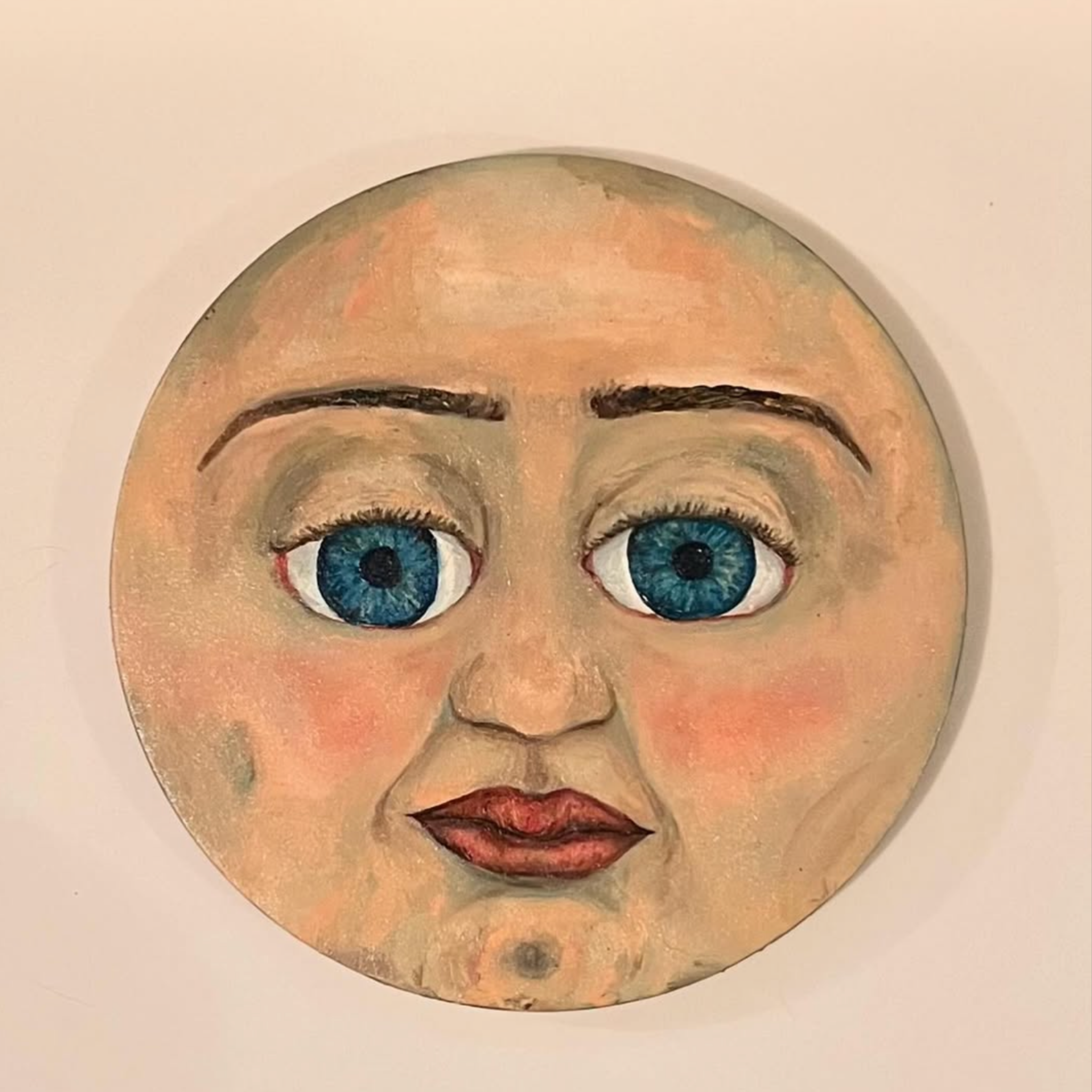 For Allie - 2024
16” diameter - Oil Paint on Canvas

This face is made of those in Allie’s life. The Chin divot and dimple are her father’s and brother’s. The eyes are hers, but the eyebrows that sit over them belong to my sister. The lips are from h