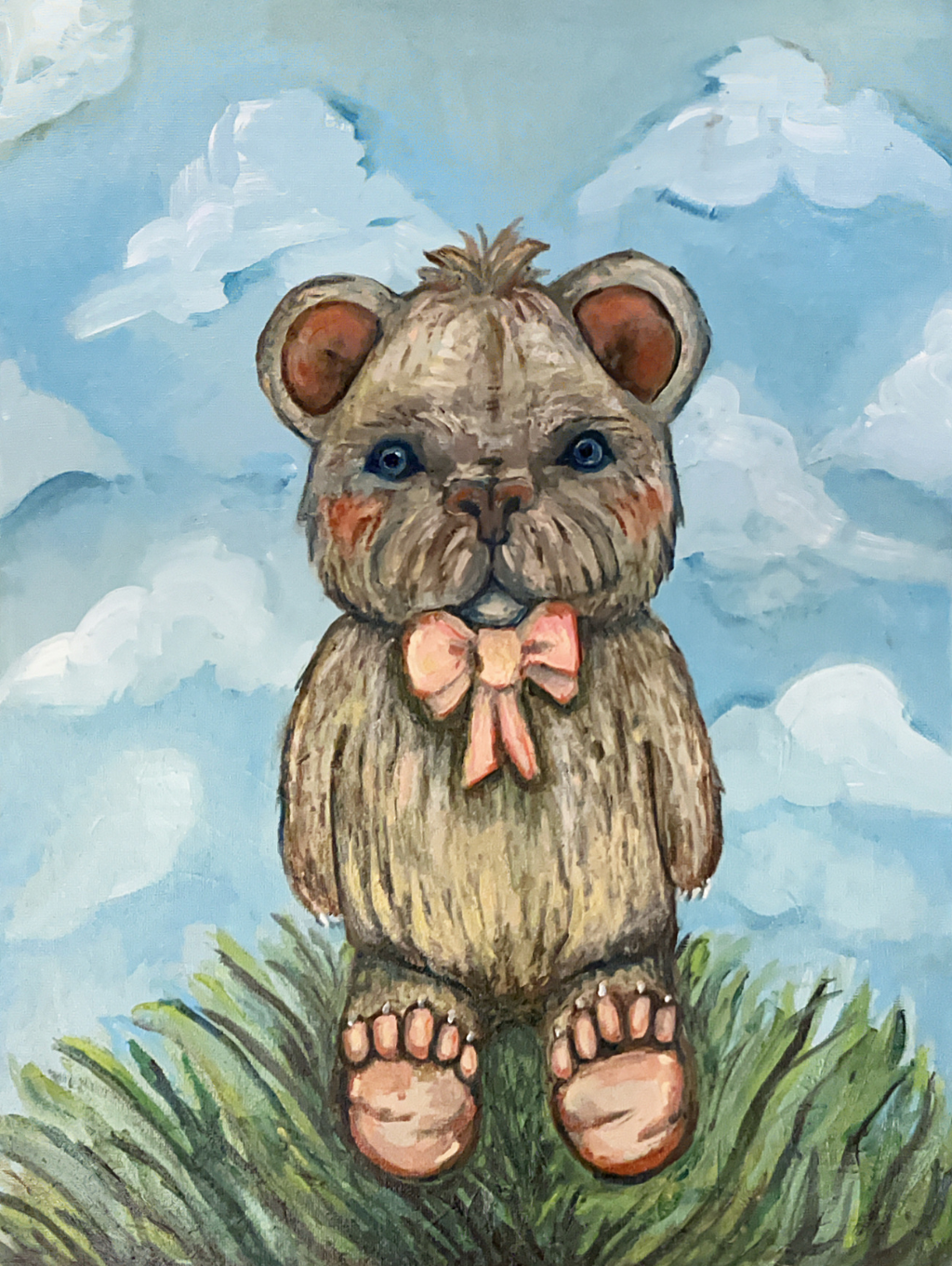 Ode to a Lost Bear - 2025
16" x 12" - Oil on Canvas

Inspired by a lost teddy bear, this oil painting forces the viewer to look into the eyes of those you’ve forgotten and left behind. The horizon circles around the well kept, if not a little worn, t