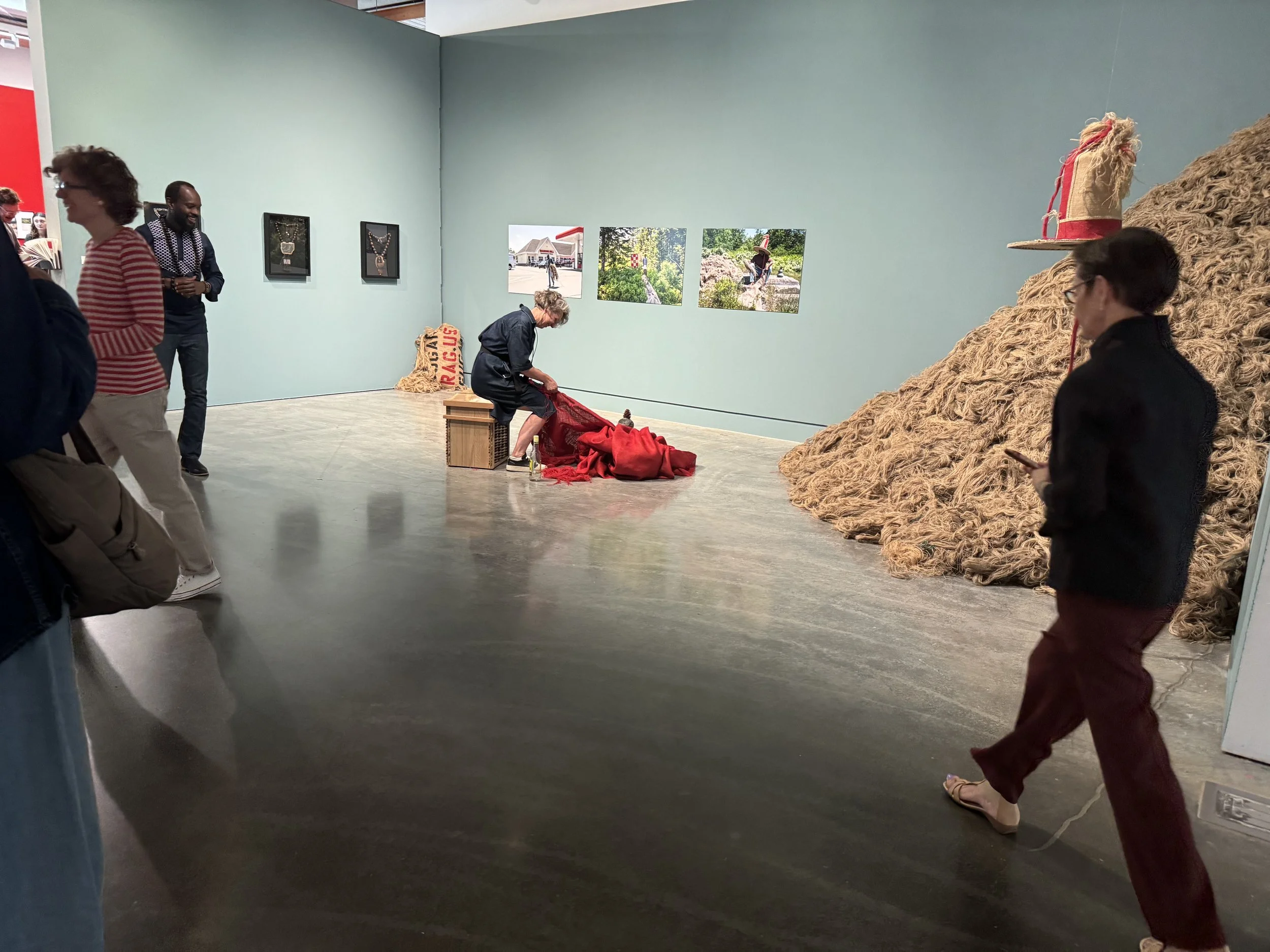 Tyshan Wright, Installation view and community participant, Maroon Hill, MFA Low Residency 2025 Thesis Exhibition, Emily Carr University of Art + Design, Vancouver, 7 July 2025 to 18 July 2025. Photo: Wright.