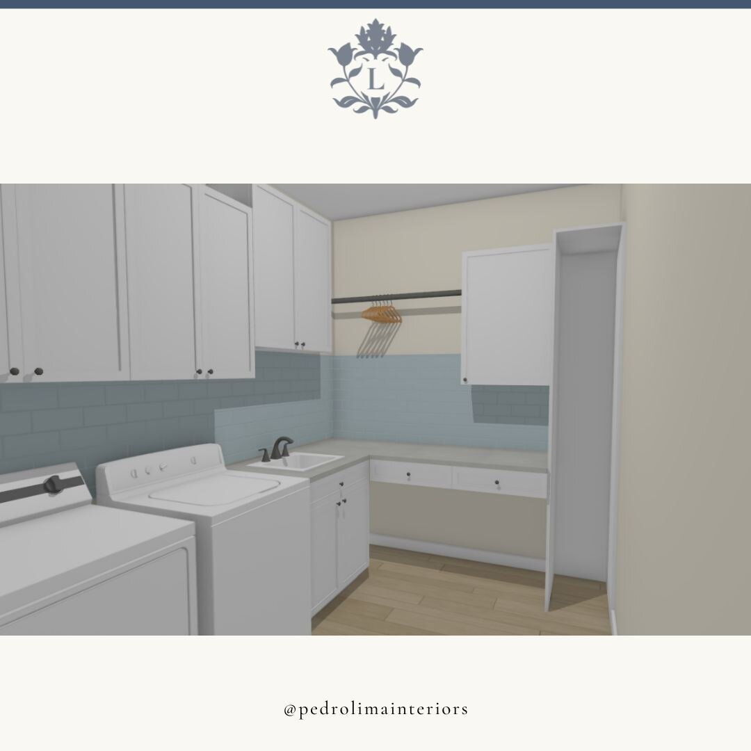 Images like these are provided to clients to give them an idea of what their space will look like and how it may function. The combination of drawings and 3D images help clients visualize the space. This laundry room is one we are working on for a cl