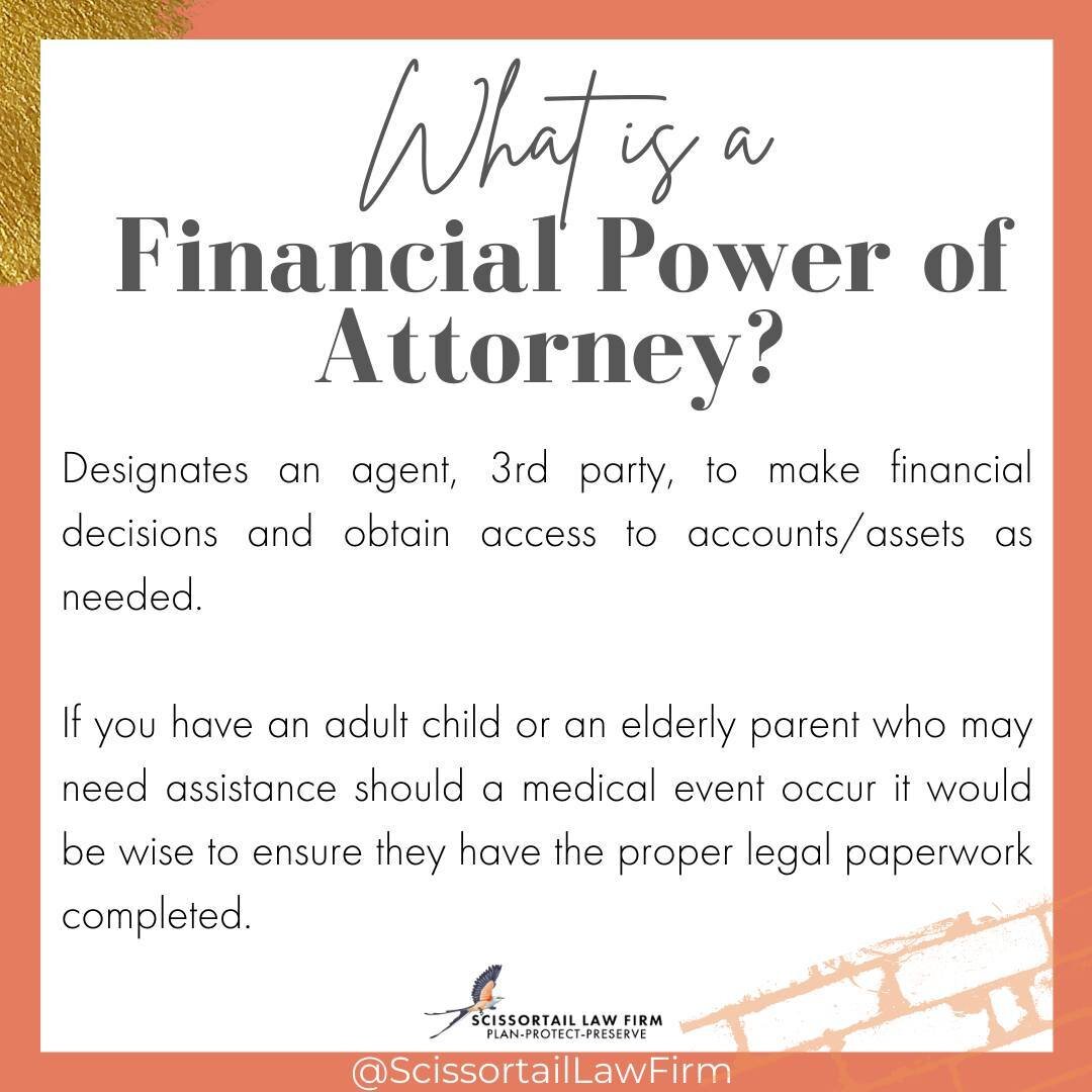 What is a Financial Power of Attorney? ⁠
.⁠
Designates an agent, 3rd party, to make financial decisions and obtain access to accounts/assets as needed.⁠
.⁠
If you have an adult child or an elderly parent who may need assistance should a medical event