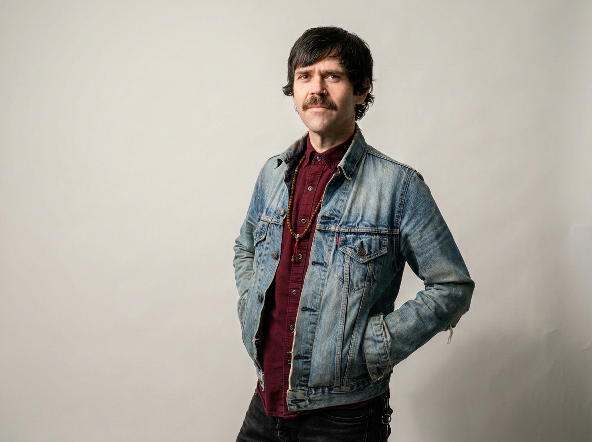 A man with dark hair and a mustache, wearing a denim jacket over a maroon shirt, standing against a plain background.