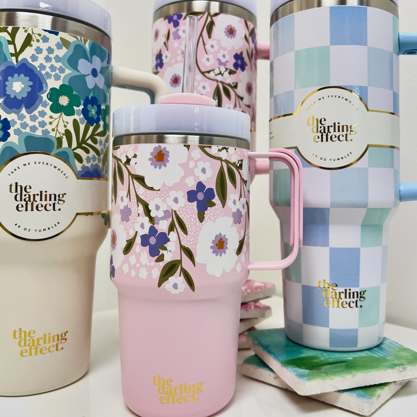 We have been OBSESSED with our new Take-Me-Everywhere Tumblers from @thedarlingeffect 🤭😍 These stainless steel, double-wall insulated tumblers come in 40 oz. &amp; 20 oz. sizes that are perfect for on the go! Stop by the gallery Tues-Sun from 11-7 