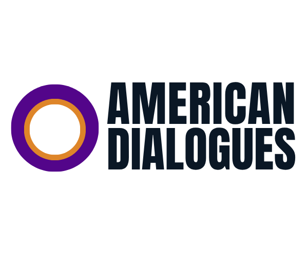 Logo with a purple and orange circle on the left and the text 'American Dialogues' in bold black letters on the right.