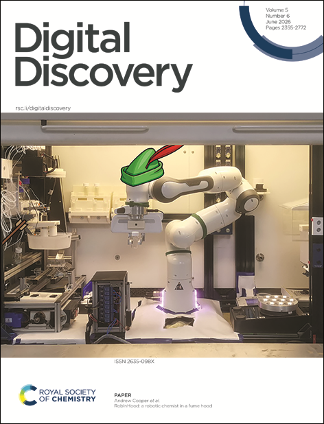 Cover of Digital Discovery journal with a robotic arm working inside a laboratory, and a cartoon toothbrush with toothpaste above it.