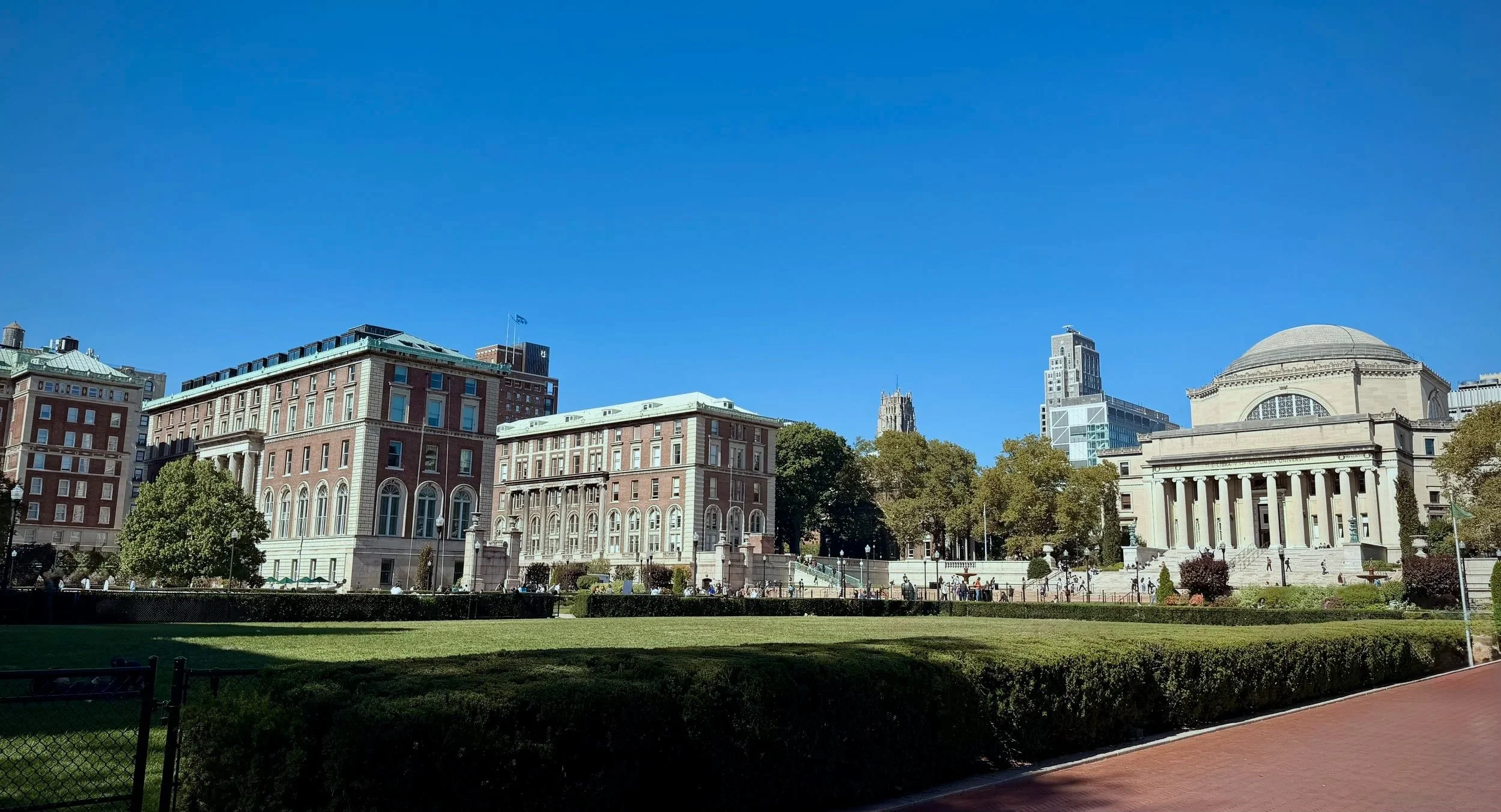 View of a city park with historic style buildings and modern skyscrapers under a clear blue sky.
