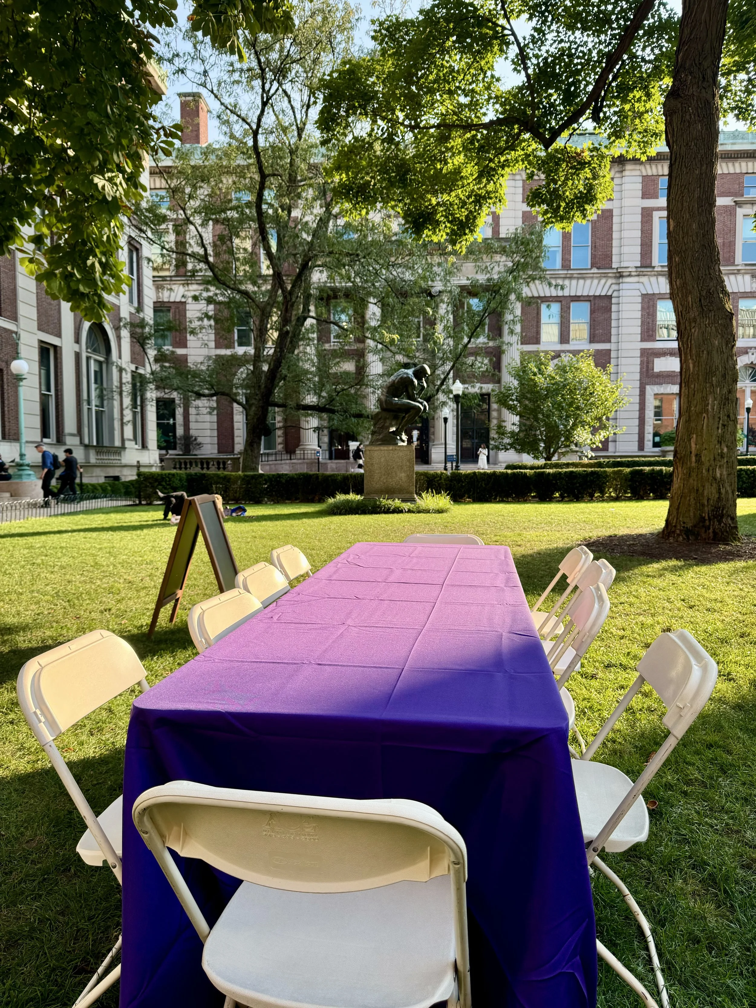 Outdoor table with purple tablecloth and white chairs set on a grassy area in a park surrounded by trees and a large building with a statue in the background.