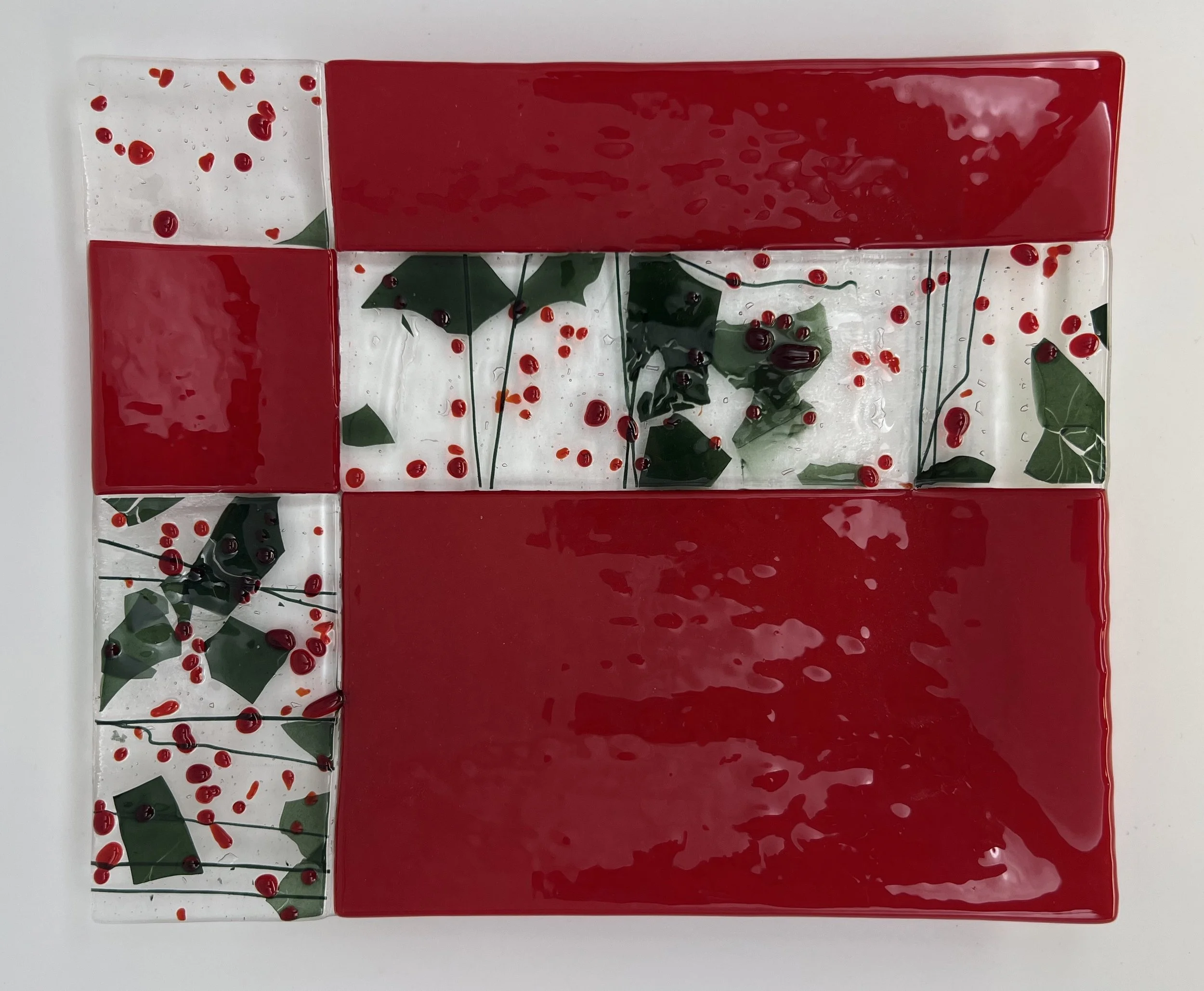 Red Opaque with Holly Berry inset.  9" x 11"    $95 - sold - similar can be recreated. 