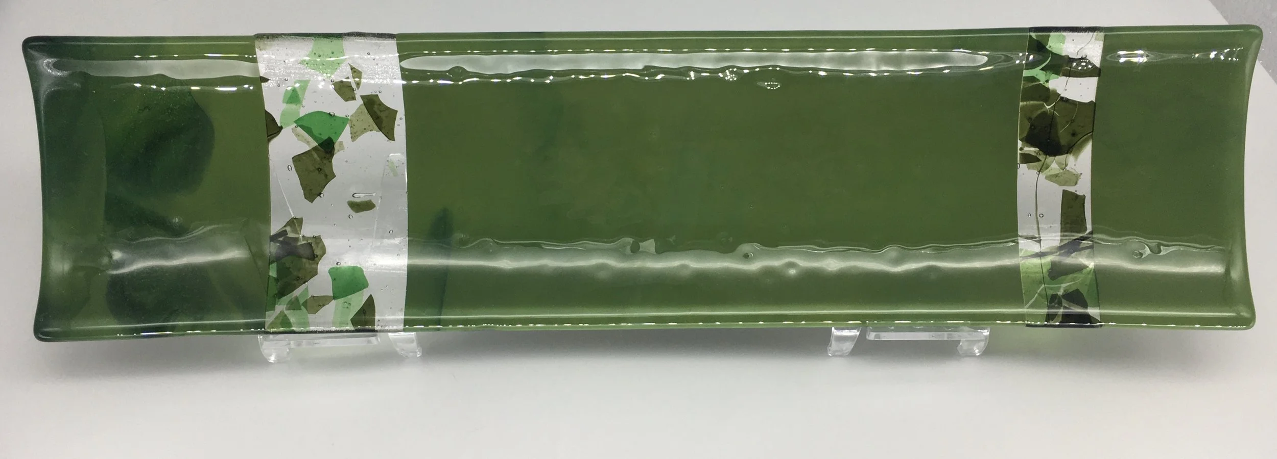 Streaky green glass with Confetti glass inserts
17" x 4.5". $75. SOLD.