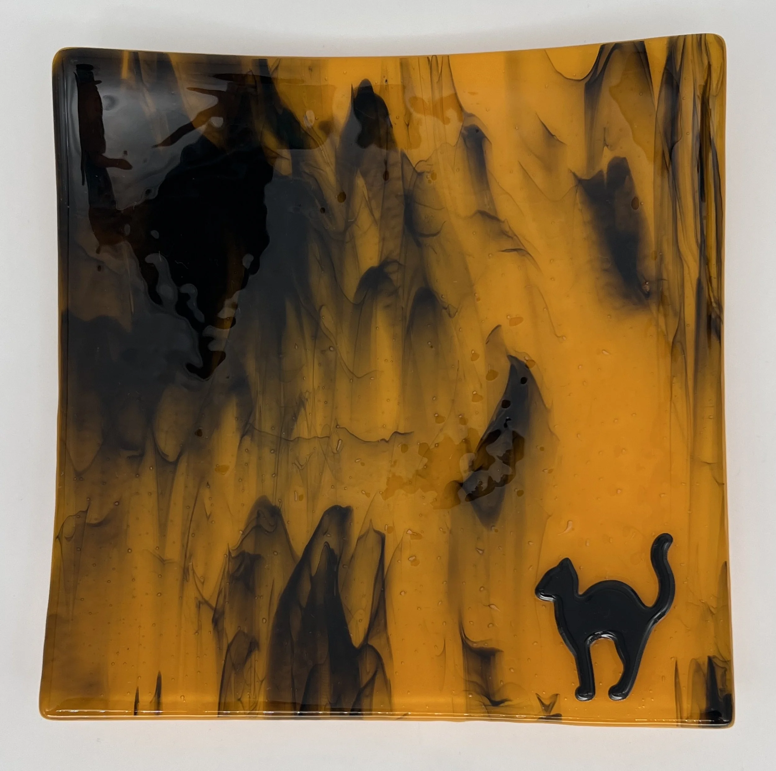 Pumpkin Orange with Clear and Black streaky overlay - Cat - 8.5" square. $55.