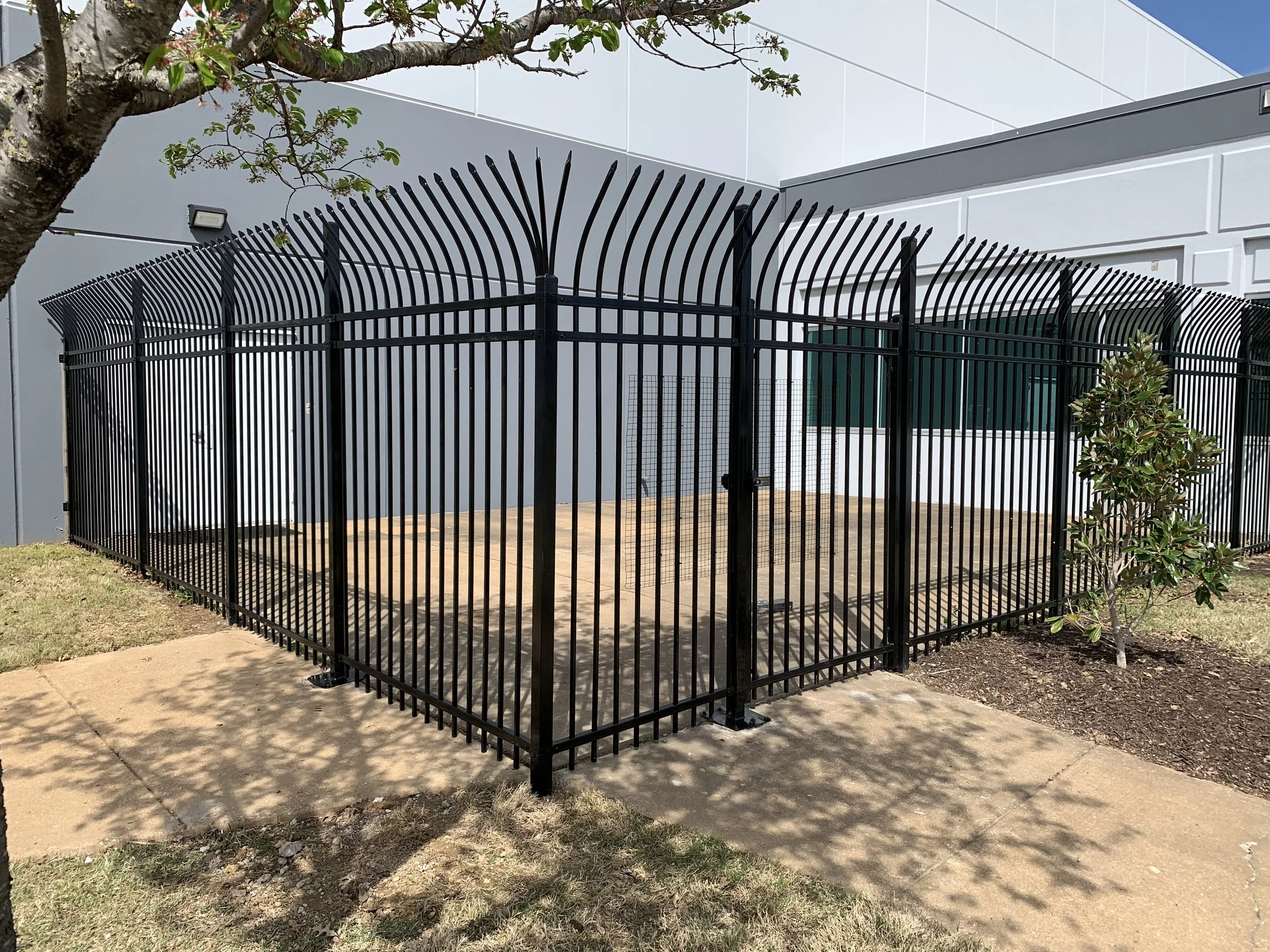 A black metal fence surrounds a small concrete patio area adjacent to a modern building with white and gray walls and green window coverings. There is a small tree with green leaves on the left and a young bush on the right side of the fence.