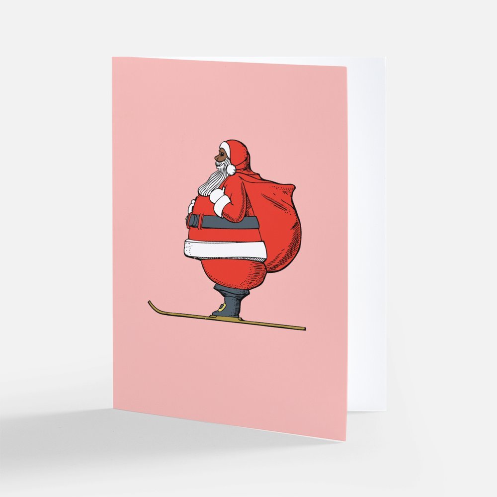 Roly Poly Black Santa on Skis Holiday Card- Pack of 3