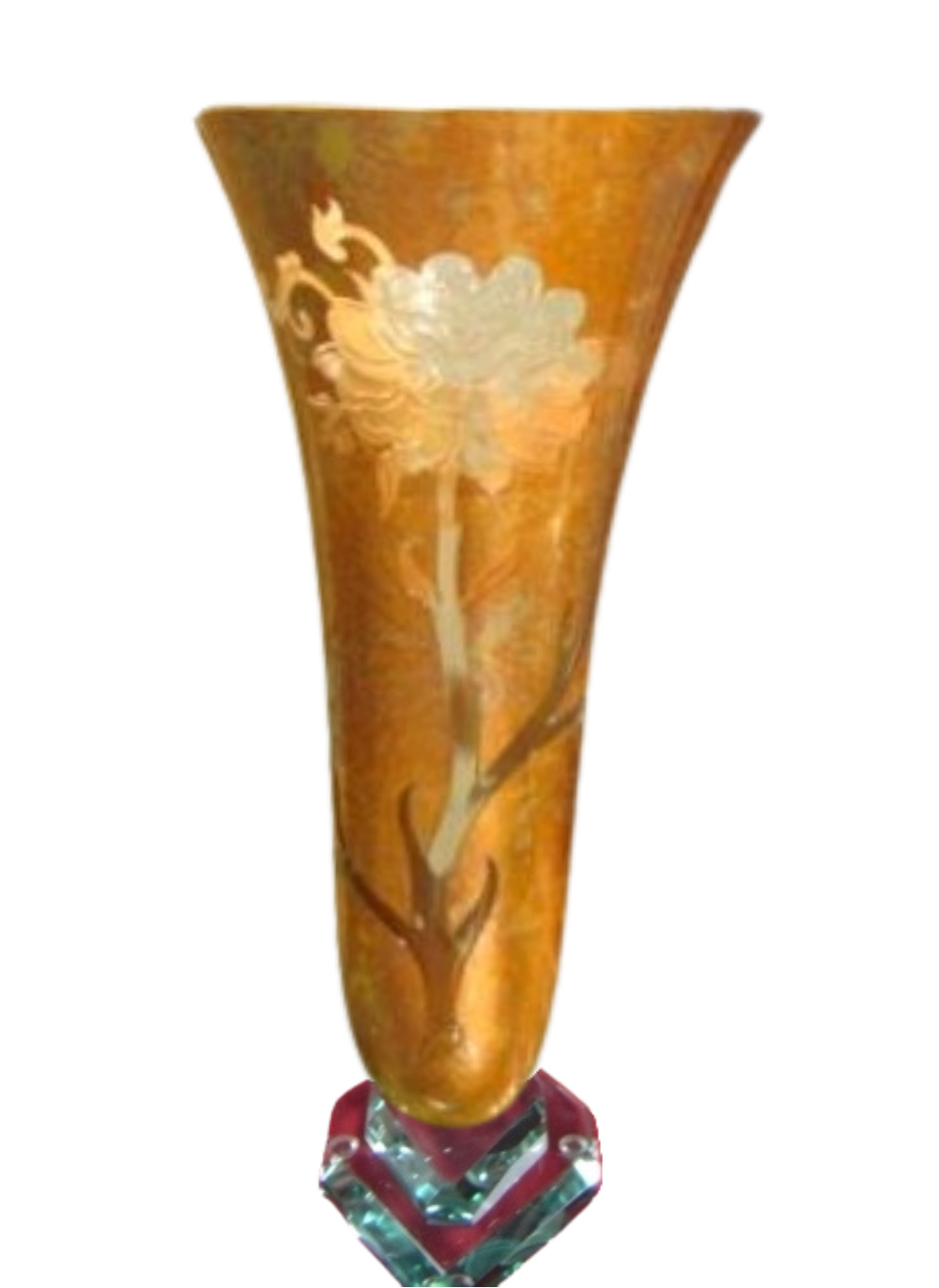 Decorative orange glass vase with a painted white floral design and a crystal base.