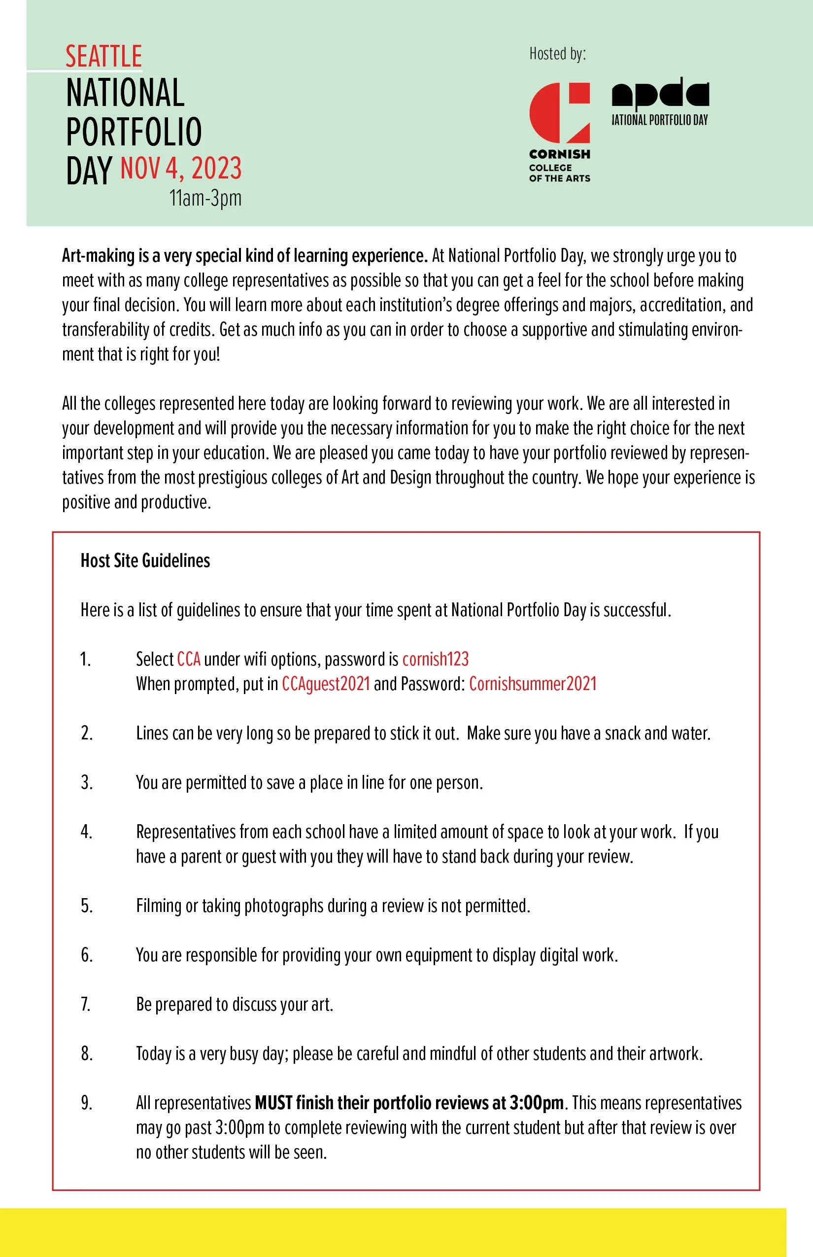 2023 Seattle National Portfolio Day program (5.5"x8.5" booklet) back