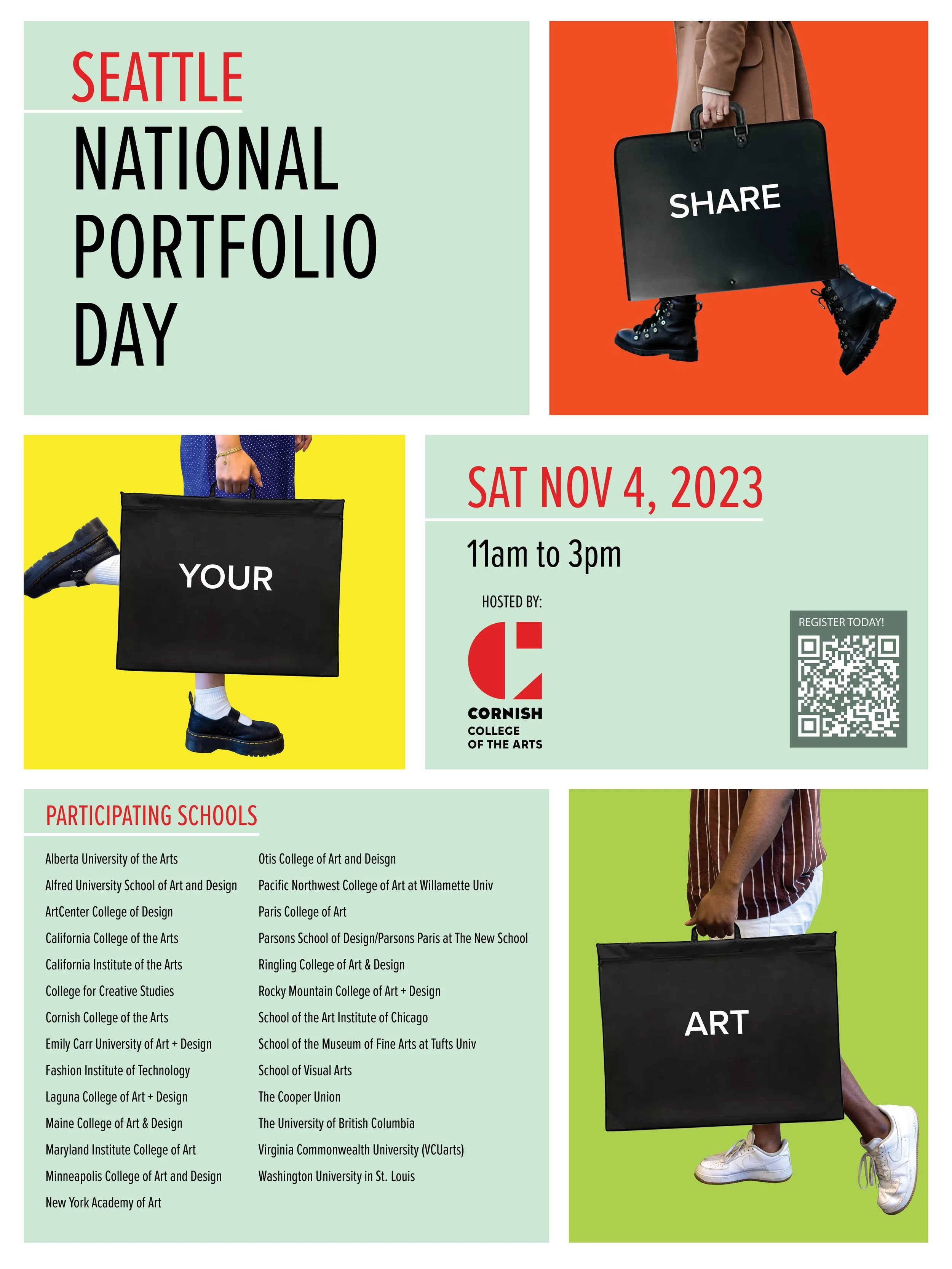2023 Seattle National Portfolio Day poster, front (18"x24", folds into booklet)