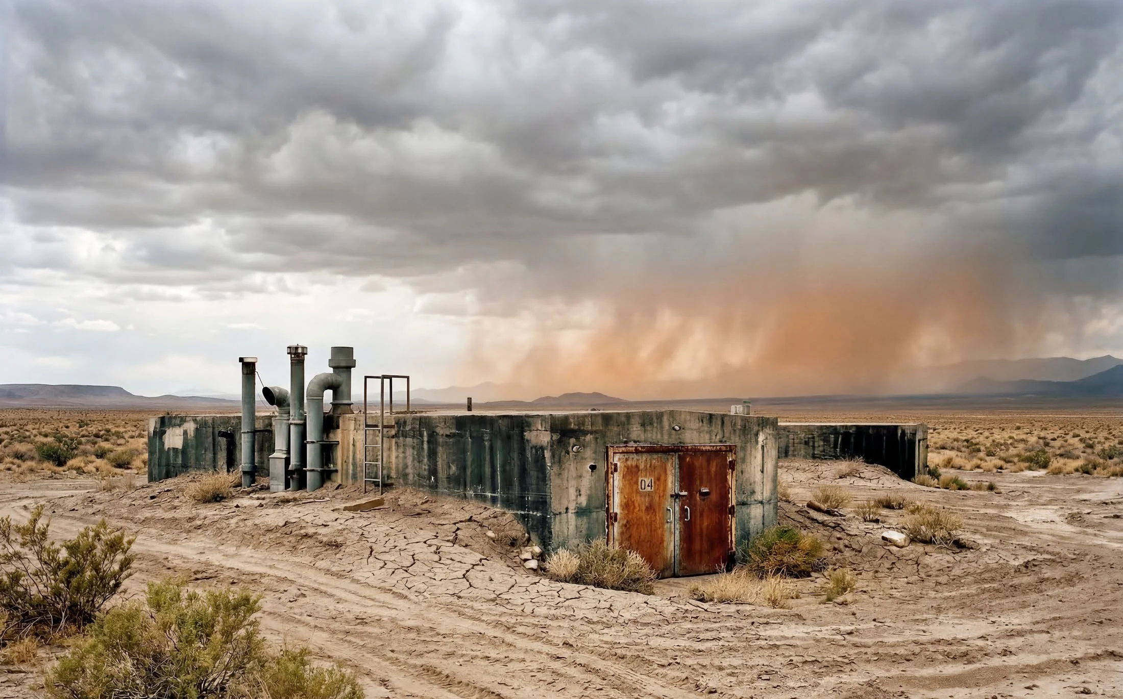 Desert landscape with a concrete structure under a stormy sky, photograph by Shane Hulbert