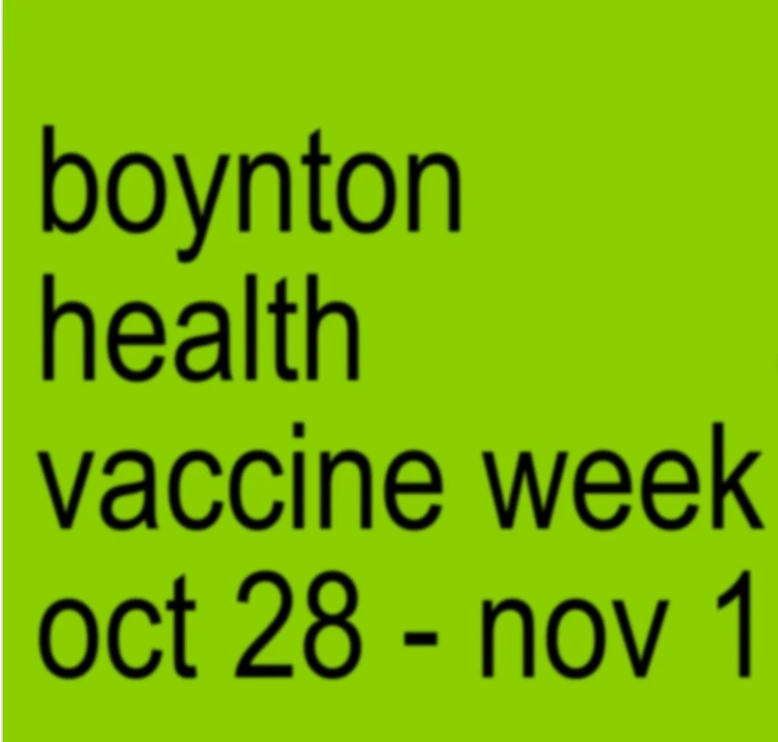 neon green background with text reading 'boynton health vaccine week'