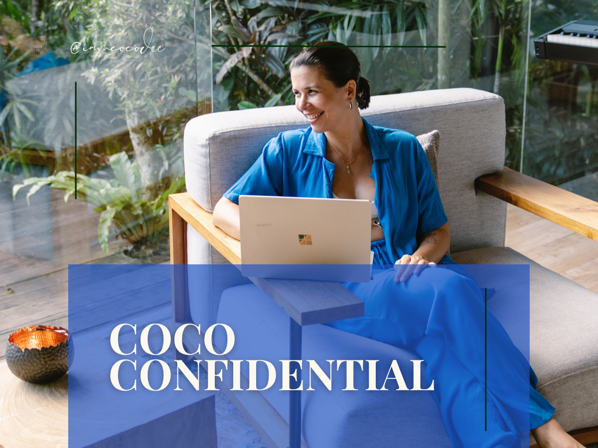 A woman with shoulder-length dark hair in a black crop top and red sequined skirt standing in front of silver balloon letters spelling 'SHADE' on a gray wall, with a red overlay containing the text 'COCO CONFIDENTIAL'.