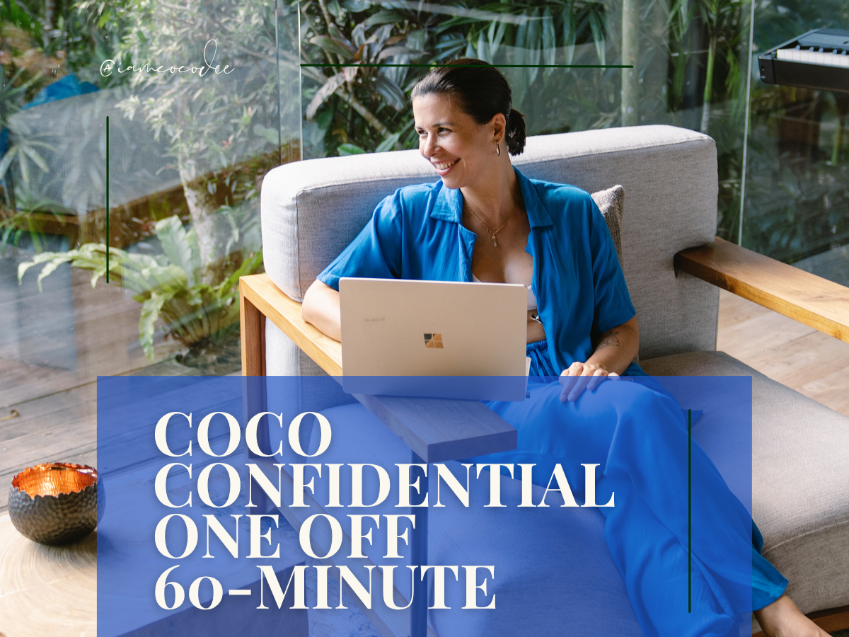 A woman with shoulder-length dark hair in a black crop top and red sequined skirt standing in front of silver balloon letters spelling 'SHADE' on a gray wall, with a red overlay containing the text 'COCO CONFIDENTIAL'.