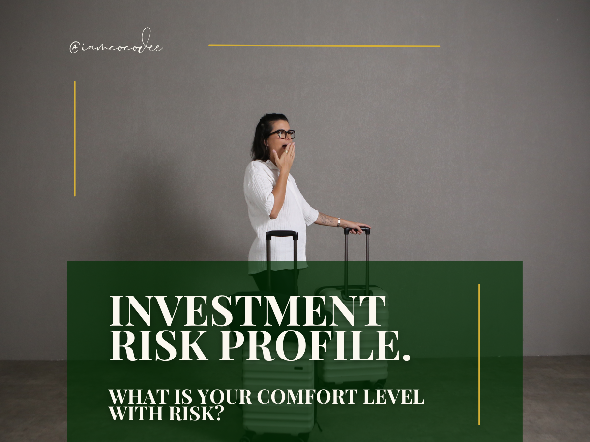 A woman with glasses and dark hair, wearing a white shirt, stands with two suitcases against a plain gray background. She appears surprised or worried, with her hand near her mouth. The image features text overlayed in large white and smaller black font: "Investment Risk Profile. What is your comfort level with risk?"