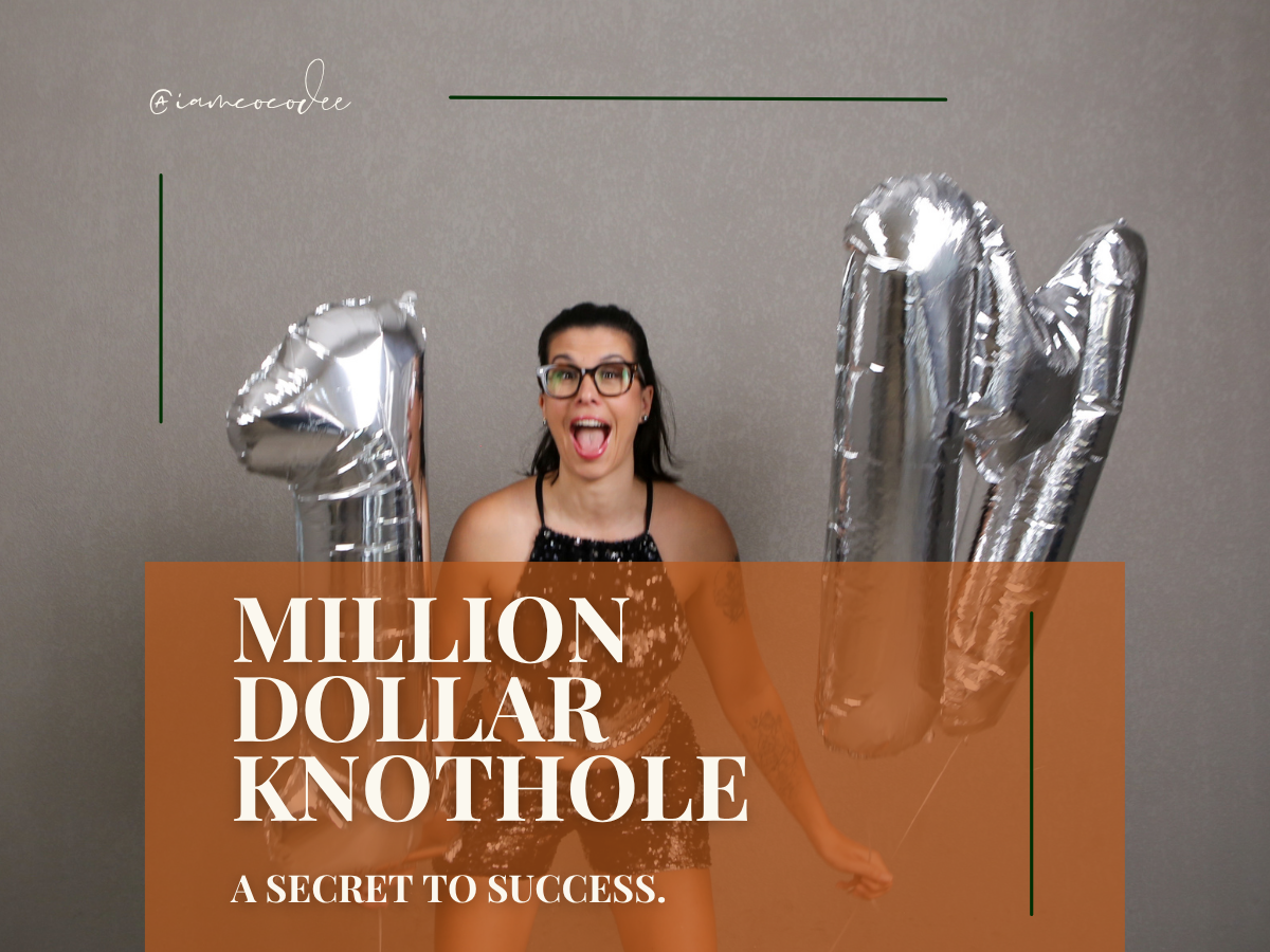 A woman in a black sequined dress and glasses holding large silver balloons shaped like the number 10, standing against a gray wall with text overlay. The overlay reads "Million Dollar Knothole: A Secret to Success."