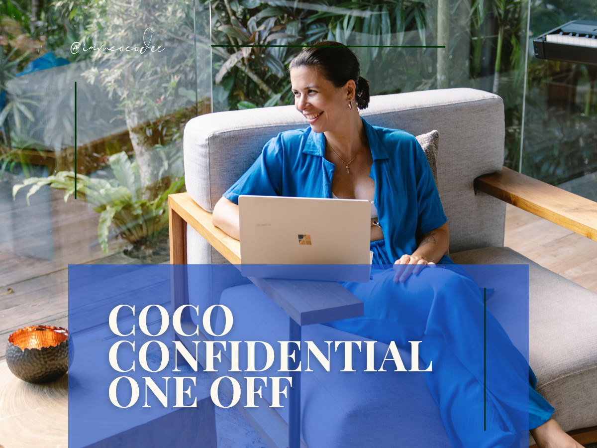 A woman with shoulder-length dark hair in a black crop top and red sequined skirt standing in front of silver balloon letters spelling 'SHADE' on a gray wall, with a red overlay containing the text 'COCO CONFIDENTIAL'.