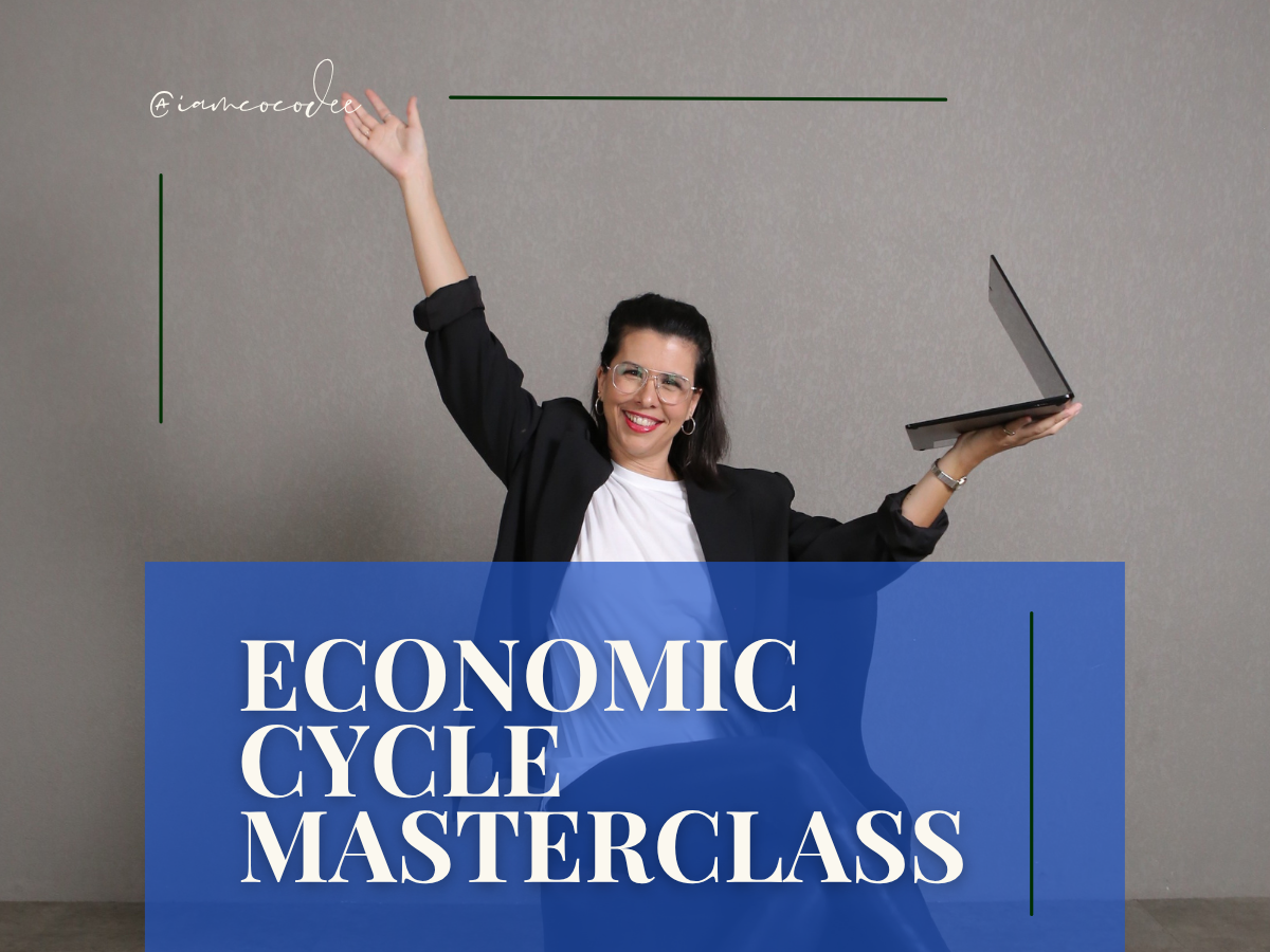 A woman smiling and holding a laptop in one hand, raising her other hand, with text overlay reading 'Economic Cycle Masterclass'.