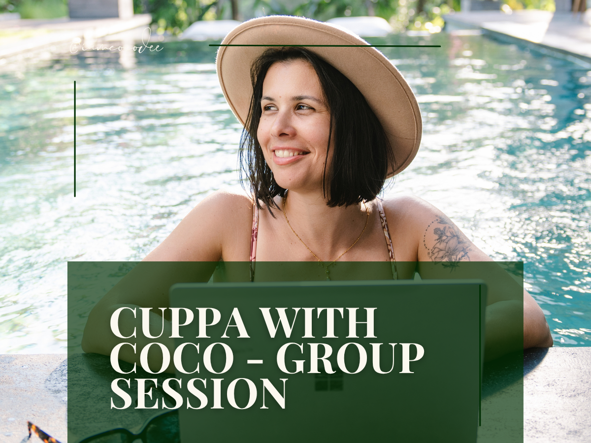 A woman with glasses and earrings smiling and holding a white mug, with text overlay that reads 'CUPPA WITH COCO GROUP SESSION' on a red background.