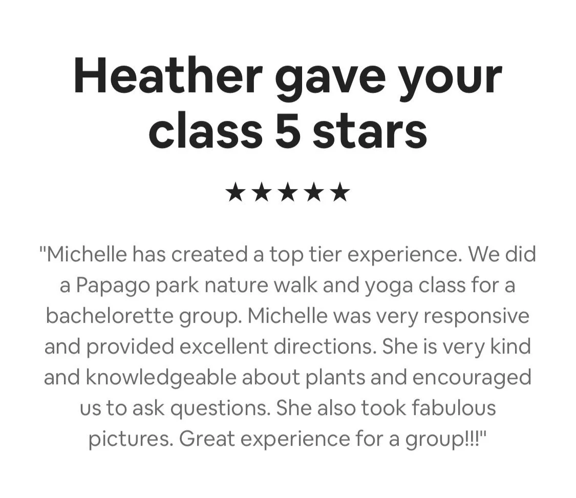 Papago Nature Walk & Yoga with Heller Good. Michele has created a top-tier experience. We did a Papago Park nature walk and Yoga class for a bachelorette group. Michelle was very responsive and provided excellent directions. She is very kind and kno