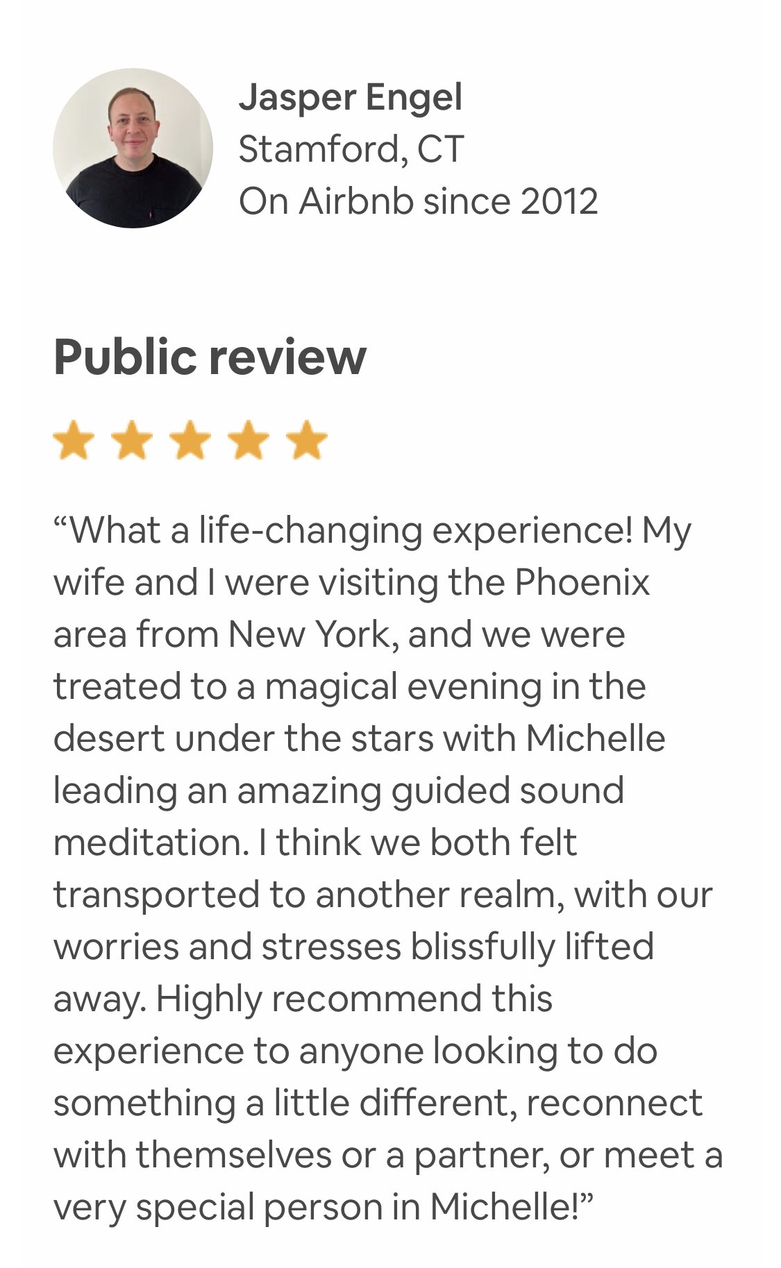 Sound Meditation under the Stars with Heller Good. What a life-changing experience! My wife and I were visiting the Phoenix area from New York, and we retreated to a magical evening in the desert under the stars with Michelle leading an amazing guide