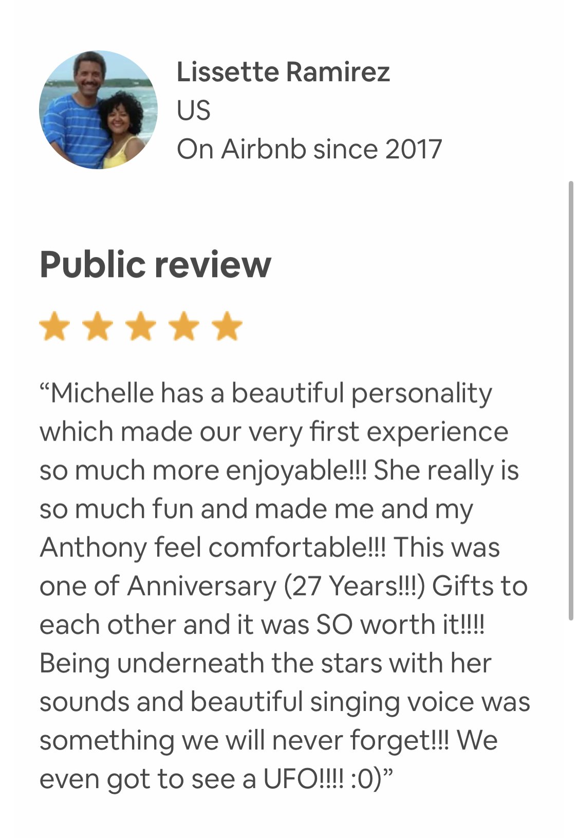 Sound Meditation under the Stars with Heller Good. Michelle has a beautiful personality which made our very first experience so much more enjoyable!!! She really is so much fun and made me and my Anthony feel comfortable!! This was one of anniversary
