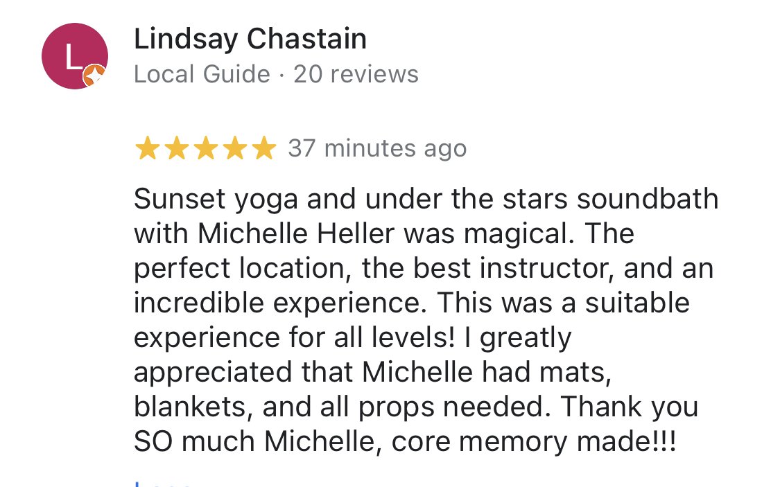 Sound Meditation under the Stars with Heller Good. Sunset, yoga, and under the stars, Sound Bath with Michelle Heller was magical. The perfect location, the best instructor, and an incredible experience. This was a suitable experience for all levels!