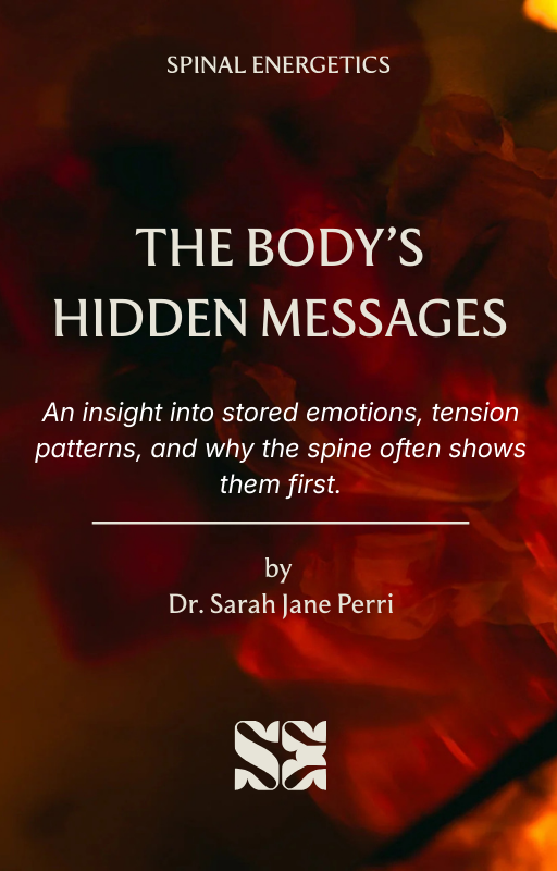 Book cover with title 'The Body's Hidden Messages' by Dr. Sarah Jane Perri, part of the 'Spinal Energetics' series. The background has a blurred dark floral pattern.