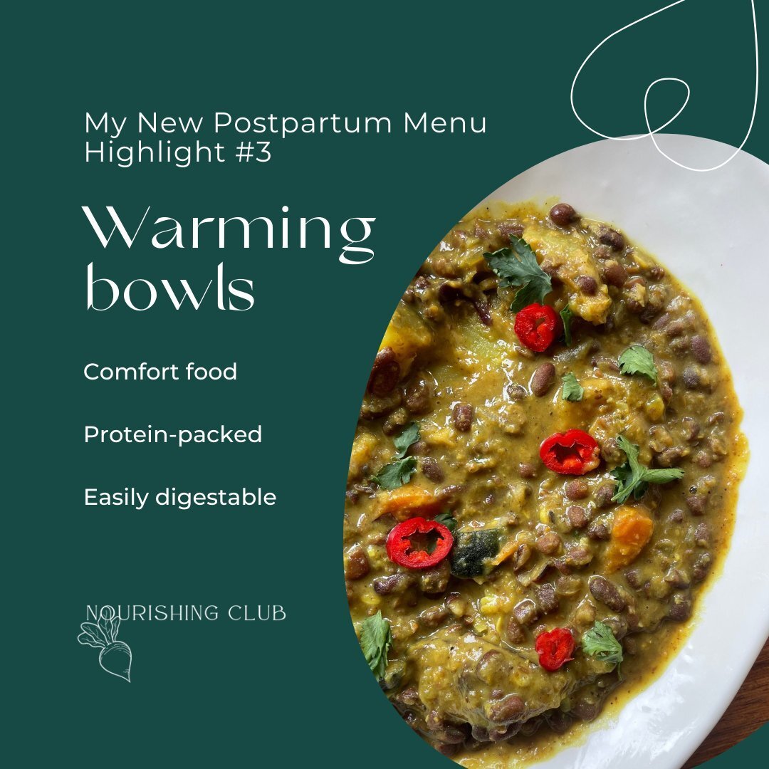 💜 My new postpartum menu highlights # 3 💜⁠
⁠
Postpartum food = warming, easily digestible, &lsquo;hug in a bowl&rsquo; food ⁠
⁠
There will be plenty of warming bowls that get your oxytocin receptors firing on my new postpartum menu in partnership w
