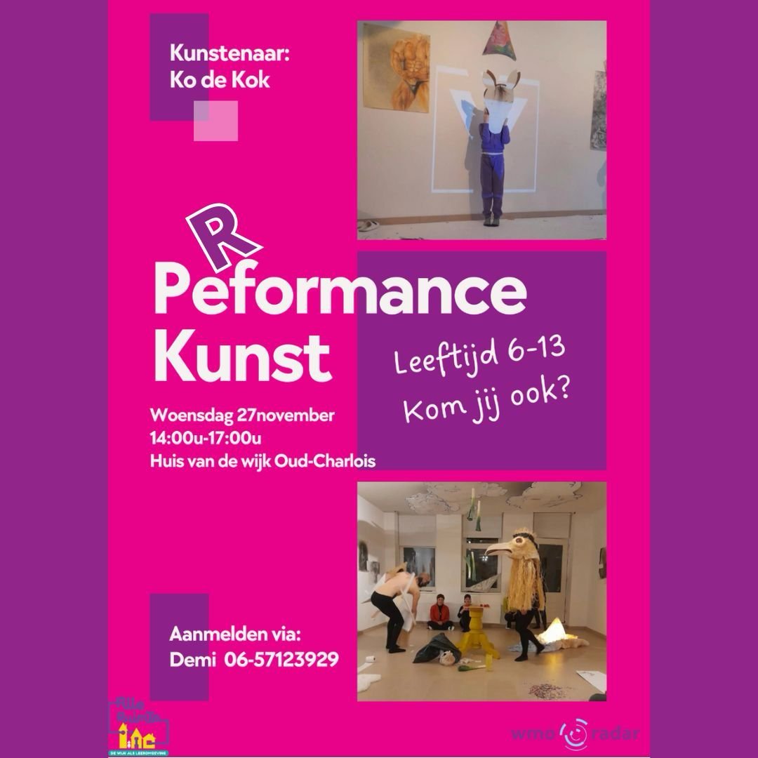 🎨 Ontdek de kunstenaar in jezelf!

Houd je van knutselen, schilderen, bewegen en experimenteren? 🌟 Doe dan mee aan de workshop Performance Kunst met kunstenaar Ko de Kok!

✨ Wat ga je doen?
🎭 Leer over performancekunst
🎨 Bouw een decor &amp; maak
