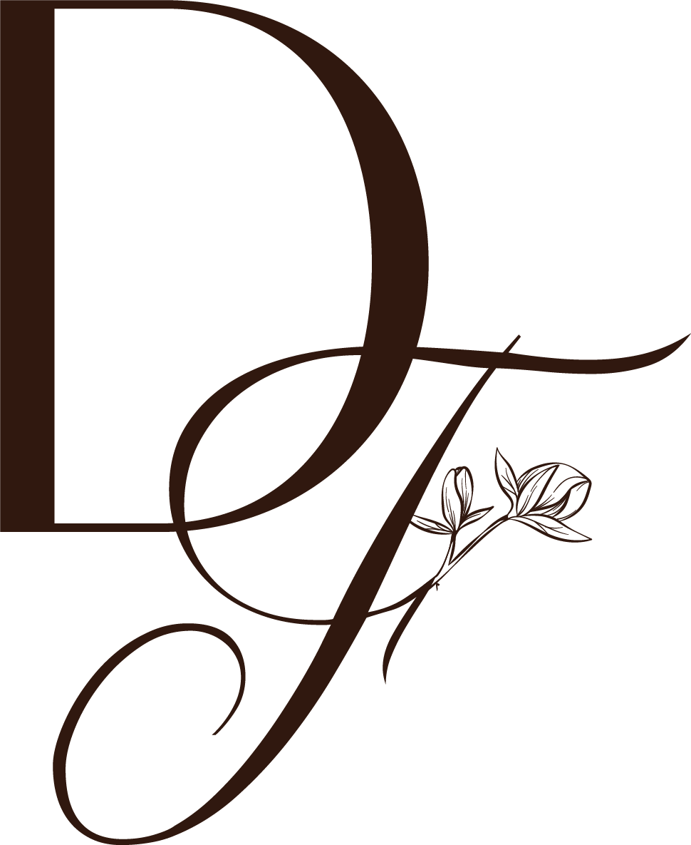 A decorative floral monogram with a stylized cursive 'F' in dark brown, accented with a small outline of a flower with leaves.